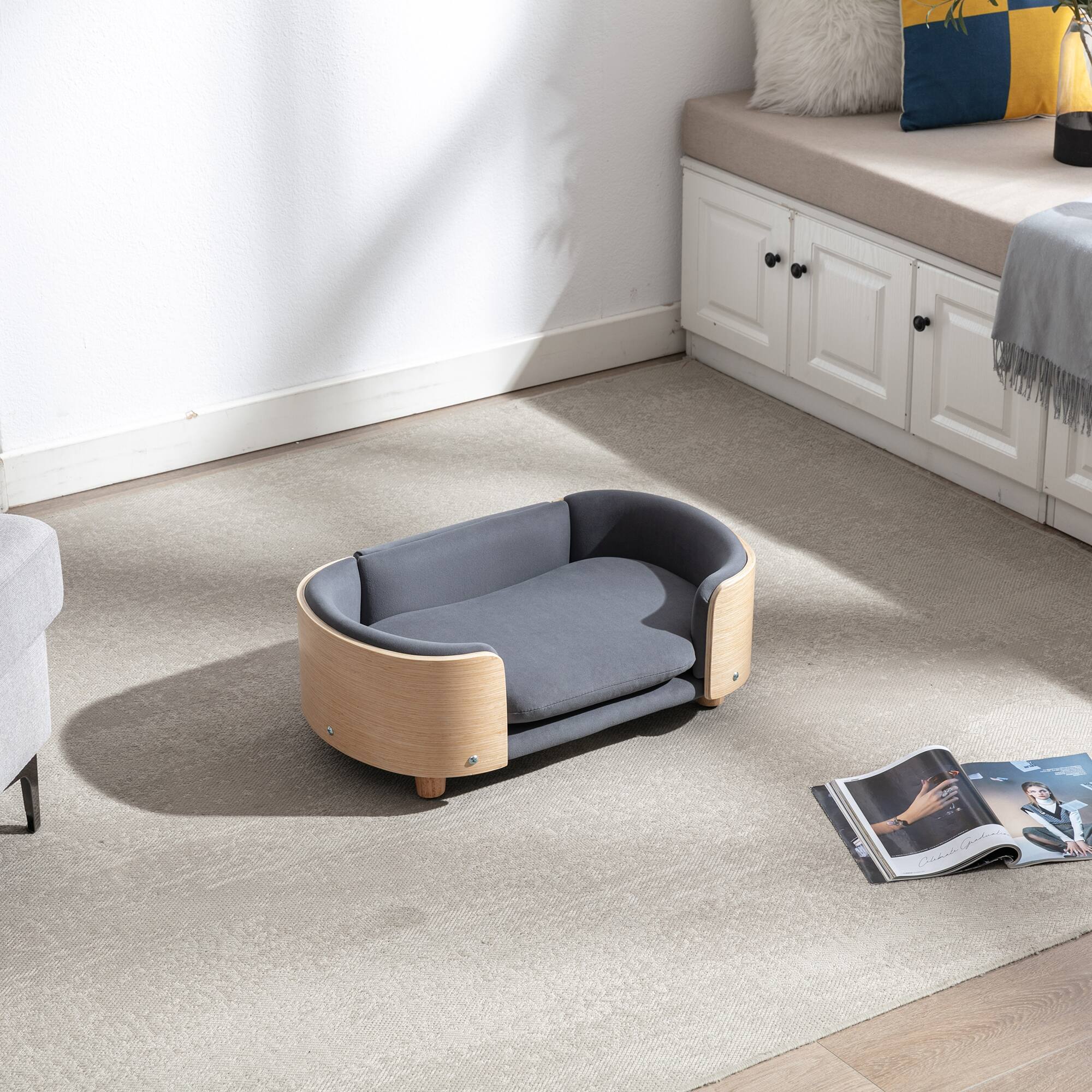 Alt View 2. APRILSOUL - Scandinavian style Elevated Dog Bed Pet Sofa With Solid Wood legs and Bent Wood Back Velvet Cushion Small Size - DARK GREY.