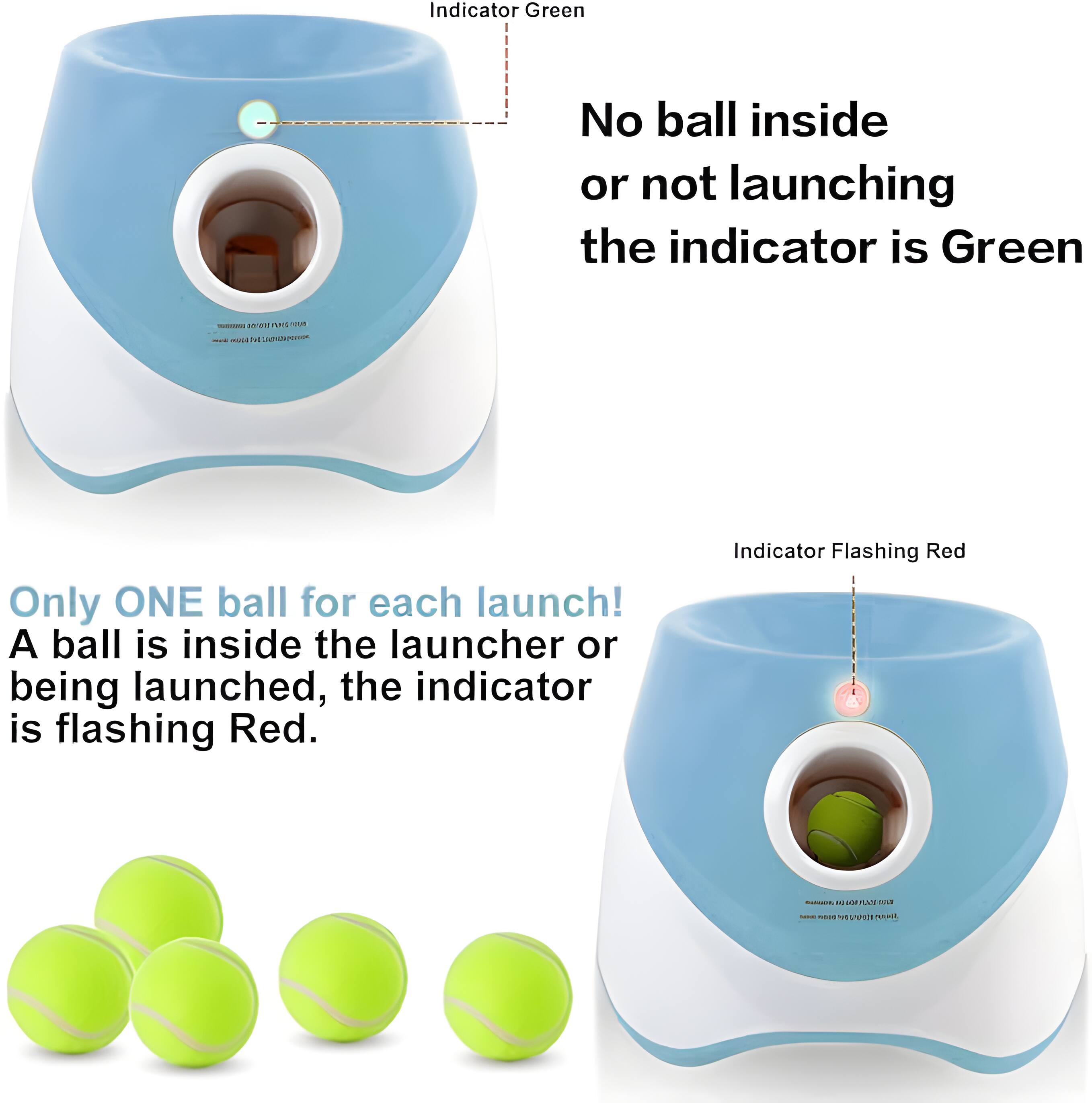 Indicator Green

No ball inside or not launching the indicator is Green

Only ONE ball for each launch! A ball is inside the launcher or being launched, the indicator is flashing Red.

Indicator Flashing Red