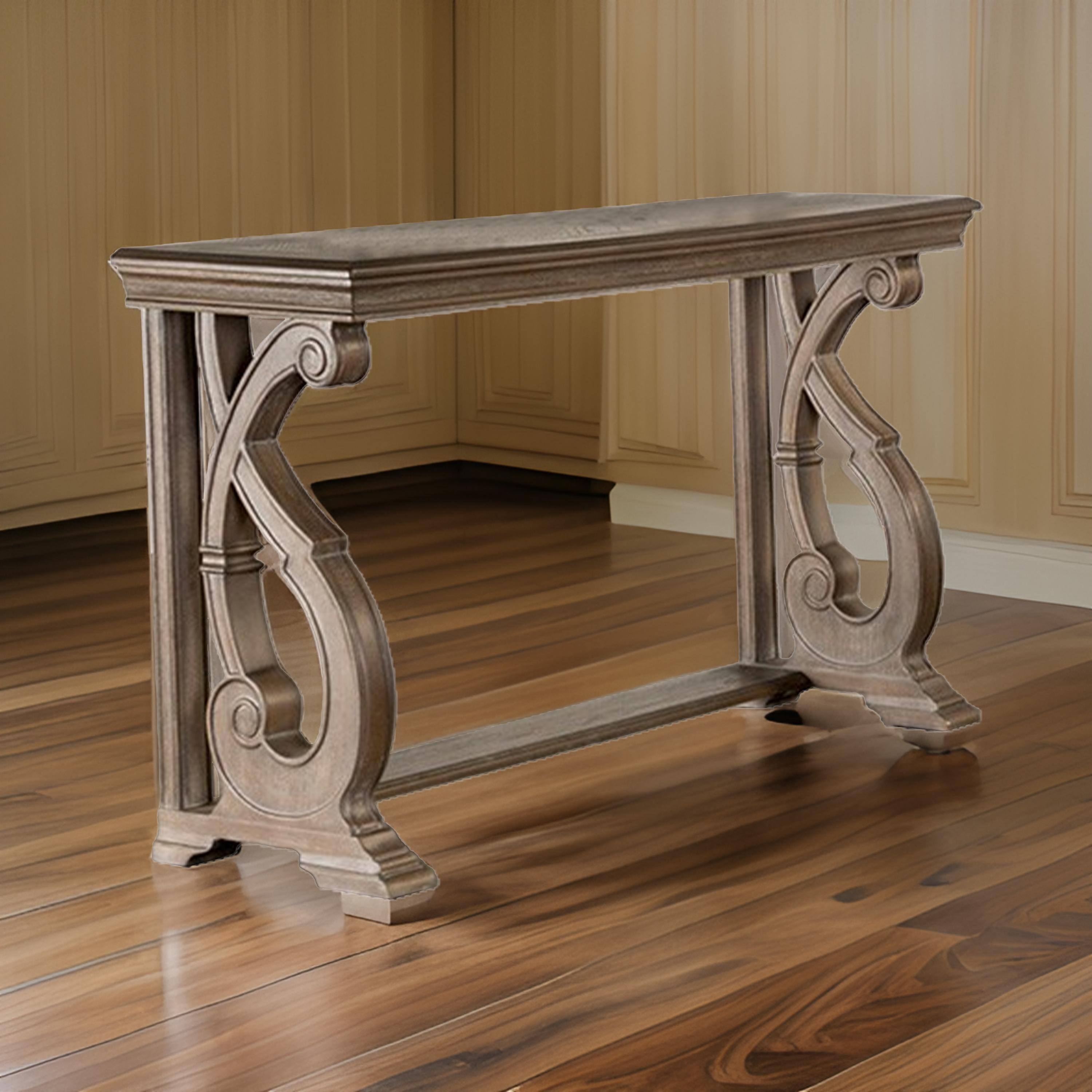 Alt View 5. Manhattan Lane - Gia Sofa Table, 50 Inch Rectangular, Carved Details, Brown Solid Wood - Brown.