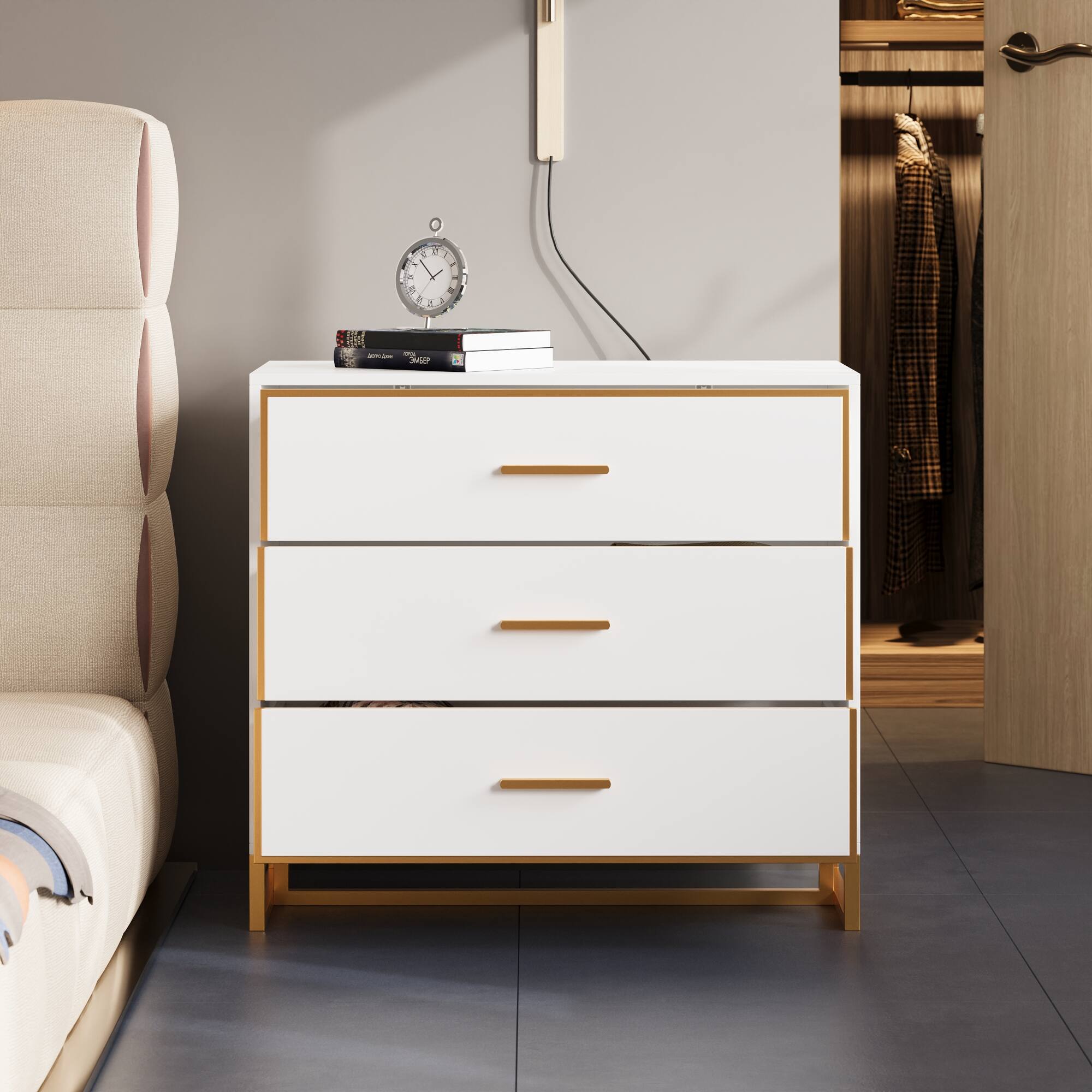 Alt View 4. Famapy - Famapy Modern 3 - Drawer Nightstand: Sleek Storage for Bedroom & Living Area - White.