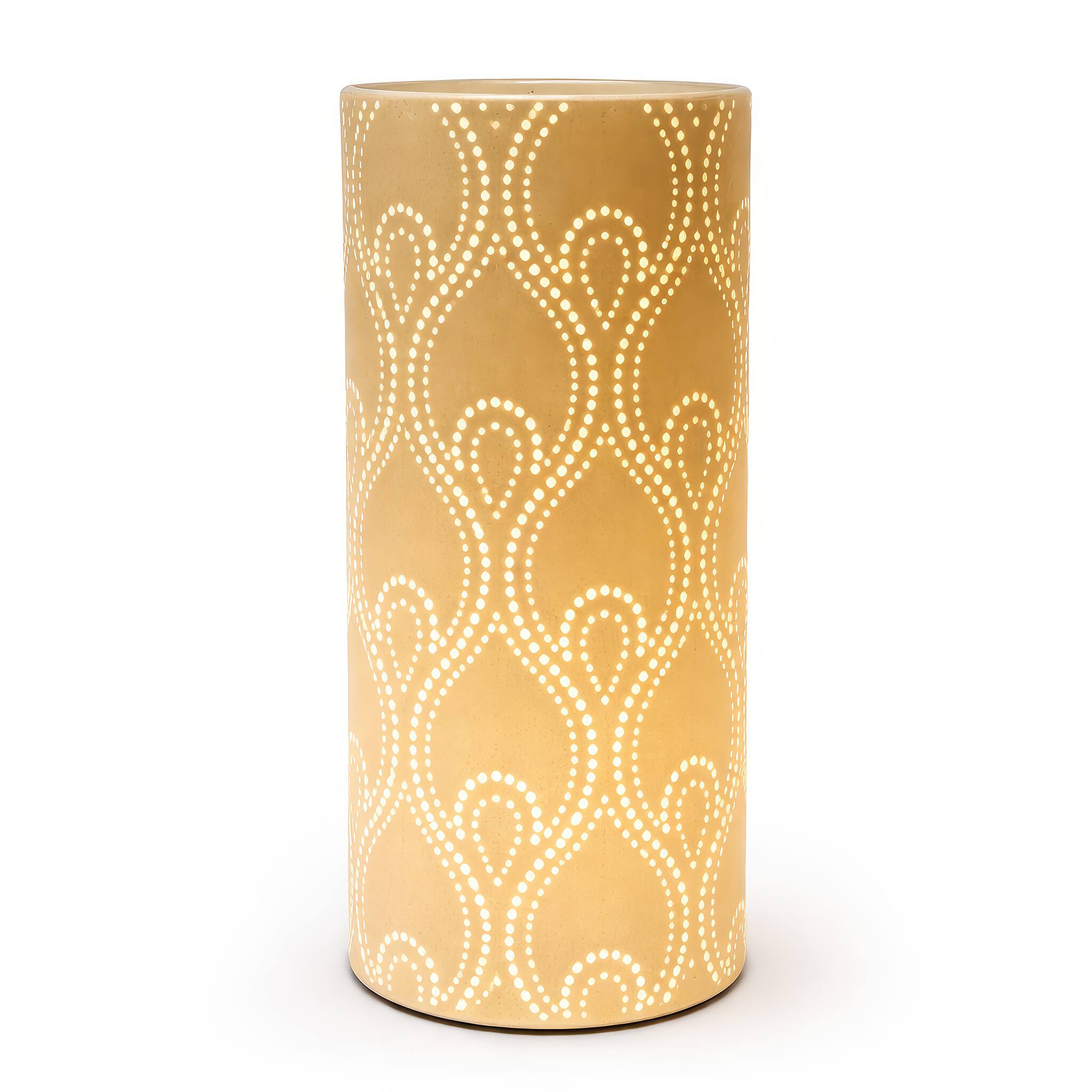 Angle. FC Design - 11"H Golden Cylinder w/ Flowing Vine Cutout Glow Design Table Lamp.
