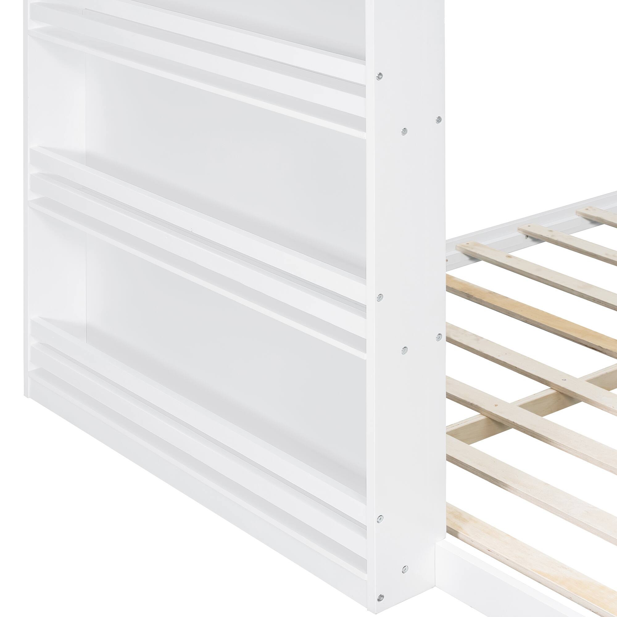 Alt View 4. Whisen - Twin over Full Bunk Bed with Integrated Bookshelf,LED Lighting and Rattan-Style Guardrails - White.