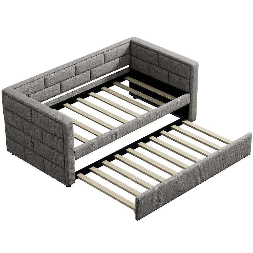 Alt View 3. Loheer - Loheer Twin Daybed with Trundle, Gray Upholstered Guest Bed with Padded Back, No Box Spring Needed - Gray.