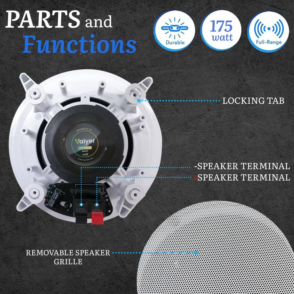 PARTS and Functions  
Durable  
175 watt  
Full-Range  
LOCKING TAB  
Vaiyer  
-SPEAKER TERMINAL  
+SPEAKER TERMINAL  
200ml  
REMOVABLE SPEAKER GRILLE