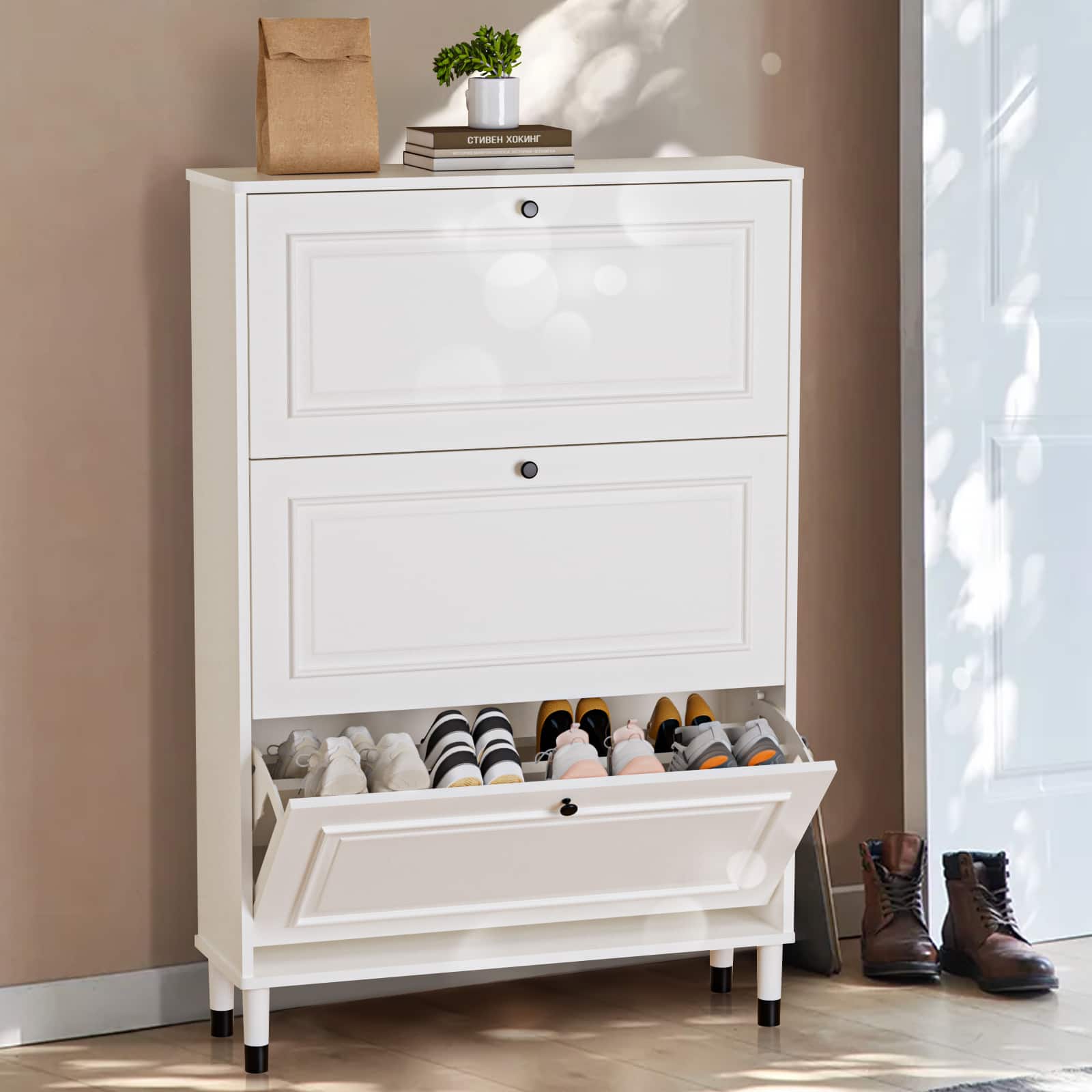 Dexmalle - Dexmalle-Narrow Shoes Storage Cabinet for Entryway,3 Flip Drawers - Ancient White