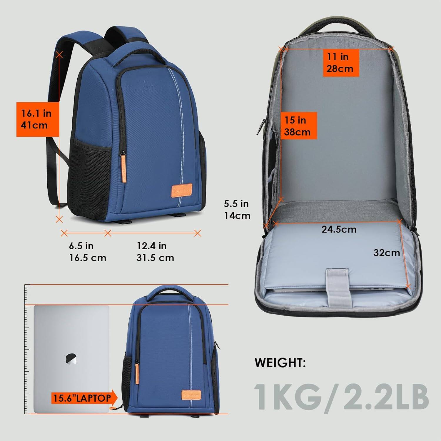 - 16.1 in / 41 cm
- 15 in / 38 cm
- 11 in / 28 cm
- 5.5 in / 14 cm
- 6.5 in / 16.5 cm
- 12.4 in / 31.5 cm
- 24.5 cm
- 32 cm
- 15.6" LAPTOP
- WEIGHT: 1 KG / 2.2 LB