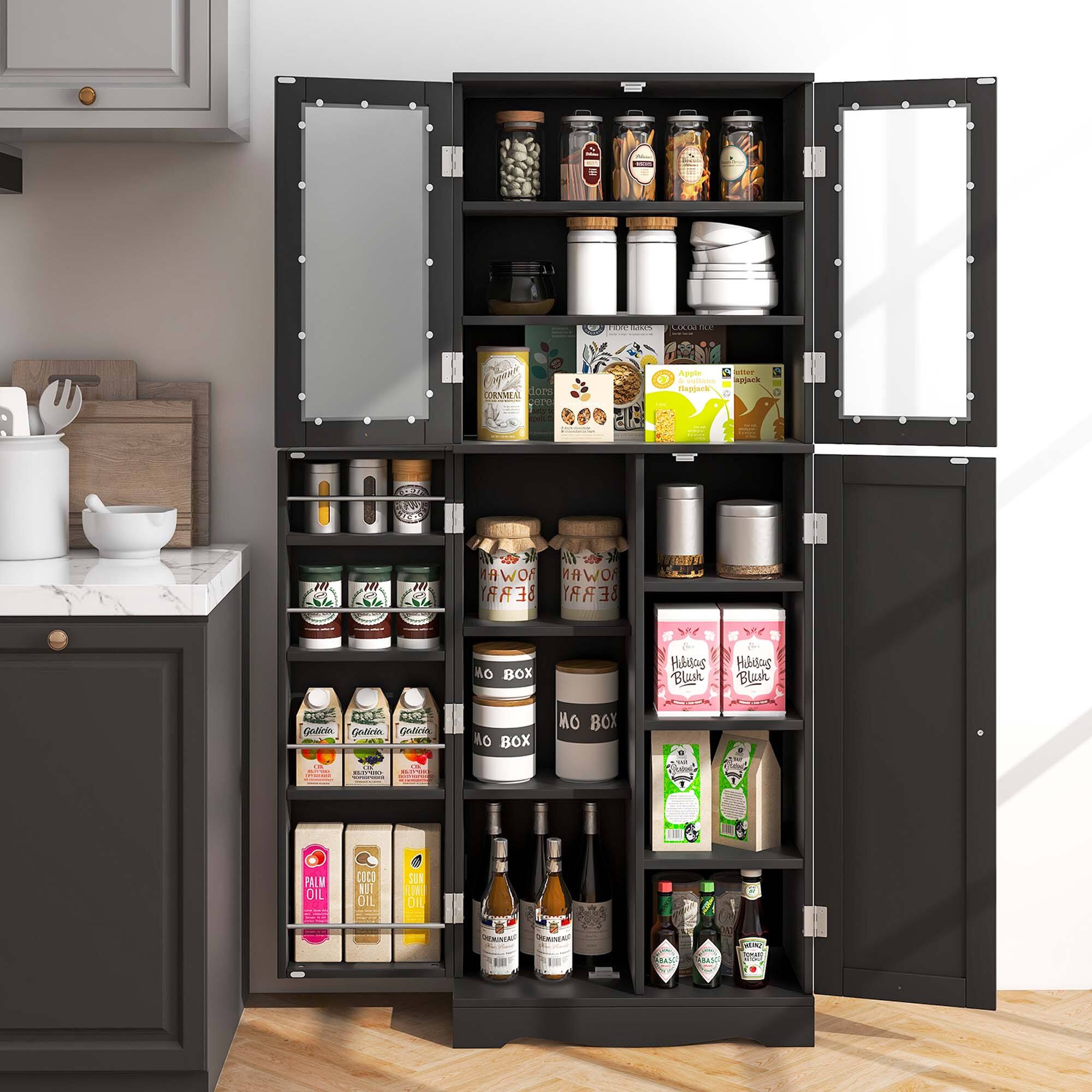 The image features a kitchen cabinet with a variety of food items and drinks stored in it. There are several bottles, including a bottle of olive oil, and a bowl placed inside the cabinet. The cabinet also contains a spice rack with multiple bottles of spices. Additionally, there are two cups and a knife placed in the cabinet. The cabinet is filled with a diverse assortment of food and drinks, making it a well-stocked and organized space for cooking and meal preparation.