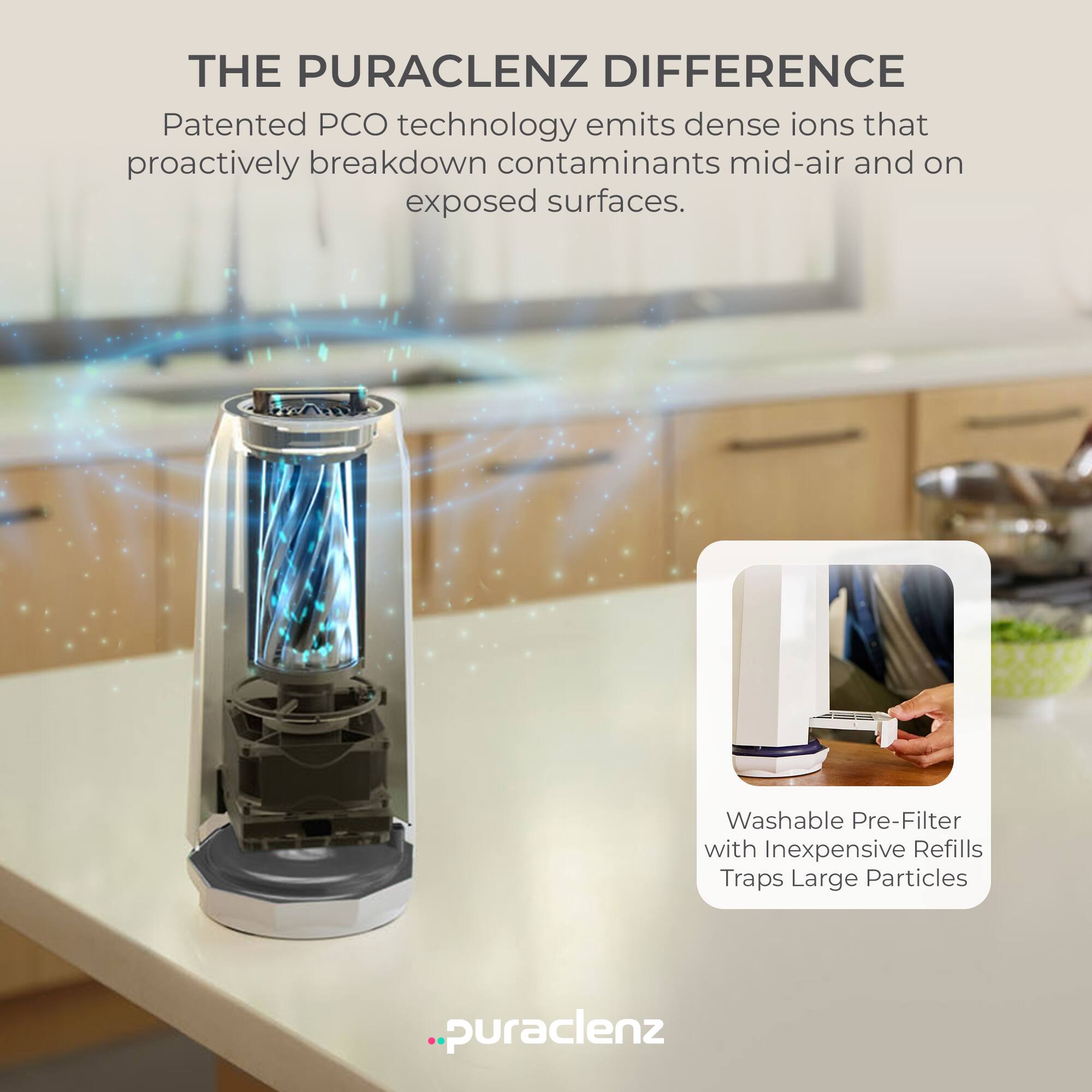 **THE PURACLENZ DIFFERENCE**

Patented PCO technology emits dense ions that proactively breakdown contaminants mid-air and on exposed surfaces.

Washable Pre-Filter with Inexpensive Refills Traps Large Particles

puracenz