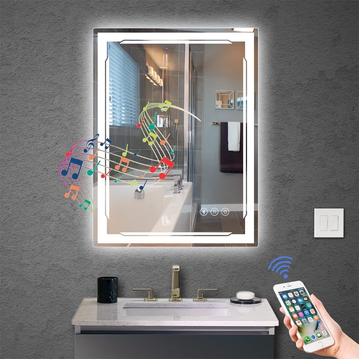 Earthley Blooms - 24''x32'' Led Bathroom Mirror With Lights Built-in Anti-fog Dimmable 3 Setting Backlit Front Lit Lighted - Touch + Bluetooth-32"L x 24"W