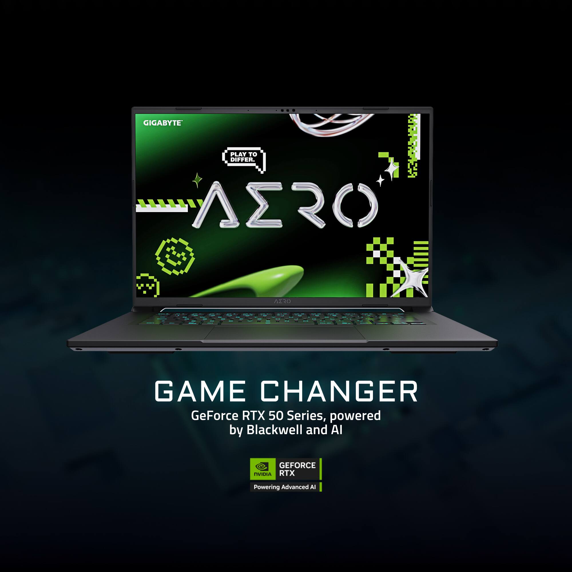 GIGABYTE PLAY DIFFERENTLY. GAME CHANGER GeForce RTX 50 Series, powered by Blackwell and AI. GEFORCE RTX Powering Advanced AI.