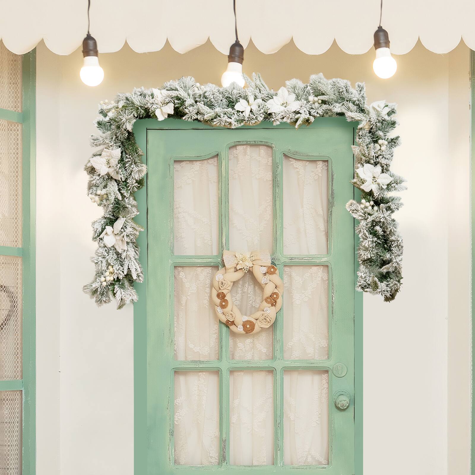 Alt View 14. Costway - 9ft Pre-lit Snowy Christmas Garland w/ Berries Poinsettia Flowers Timer - White.