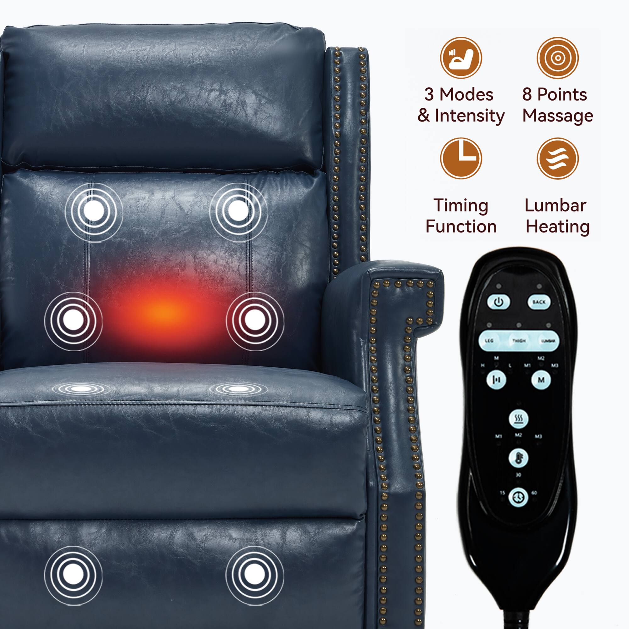 3 Modes & Intensity  
8 Points Massage  
Timing Function  
Lumbar Heating