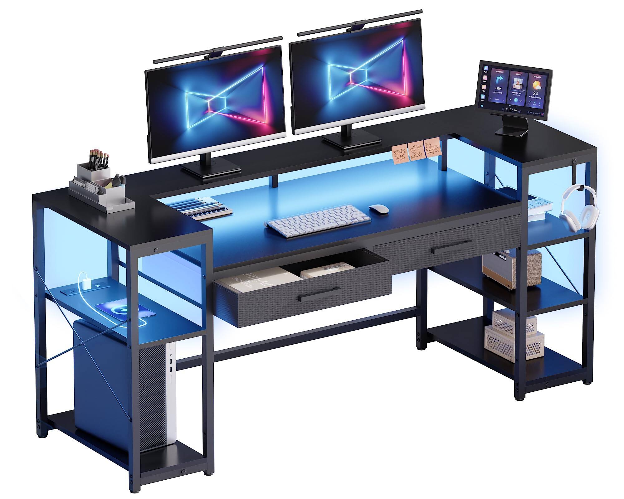 Alt View 5. Earthley Blooms - Inch Computer Desk With Monitor Stand And Shelves Gaming Led Lights Power Outlets Pc Vanity Table Drawers - Grey 58 inch.