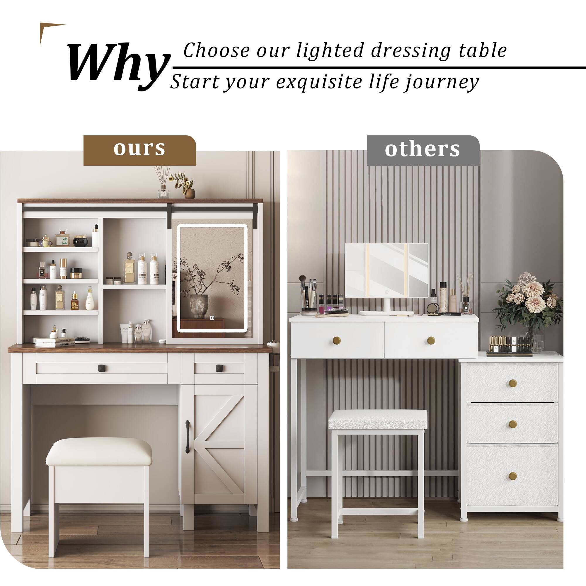 Why Choose our lighted dressing table  
Start your exquisite life journey  

ours  
others