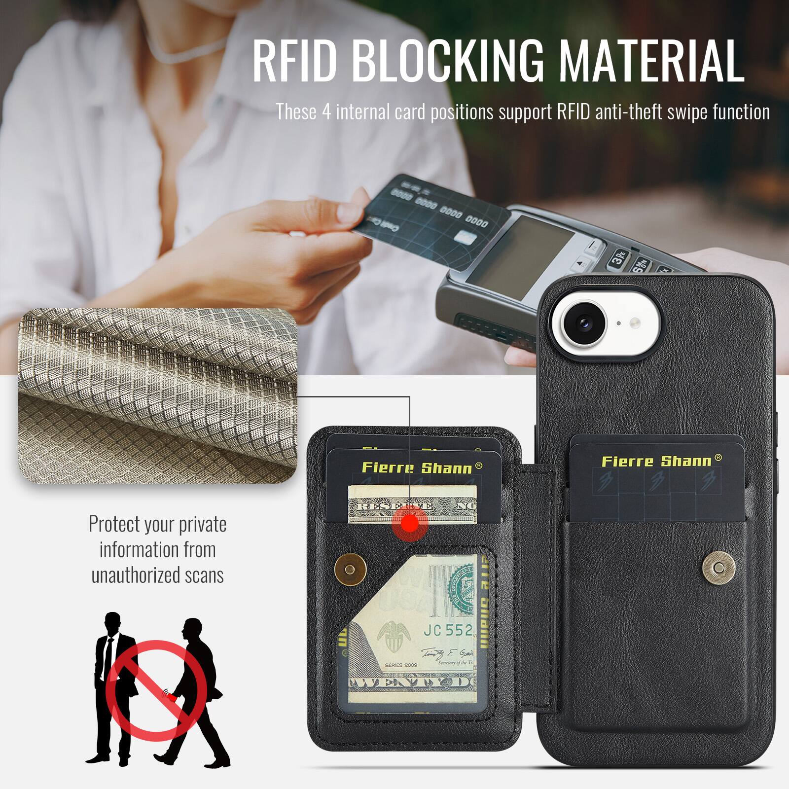 RFID BLOCKING MATERIAL

These 4 internal card positions support RFID anti-theft swipe function

Protect your private information from unauthorized scans

JC 552