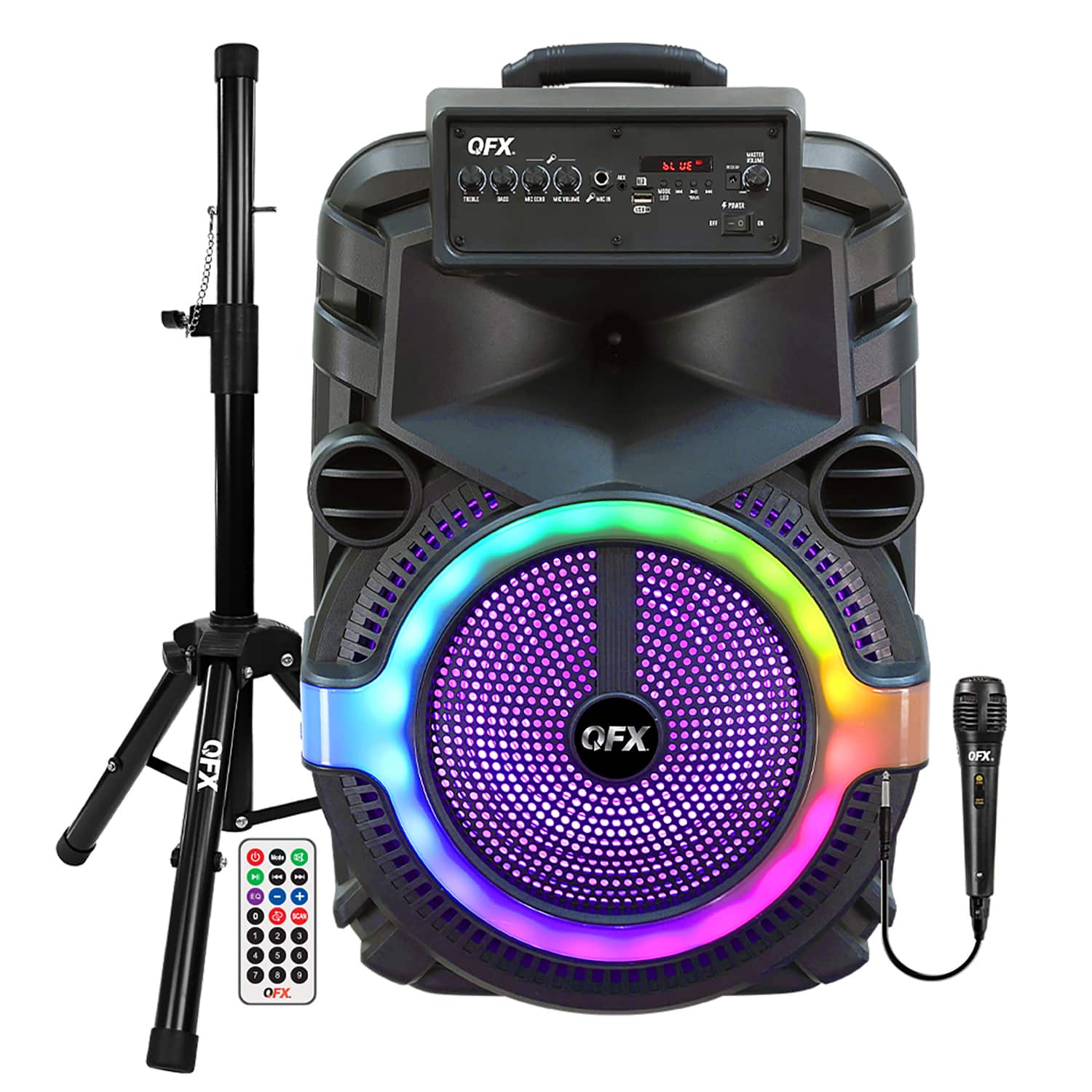 QFX - Portable Bluetooth True Wireless Speaker PBX-158SM, LEDs, Wired Microphone, Stand, Remote - Black