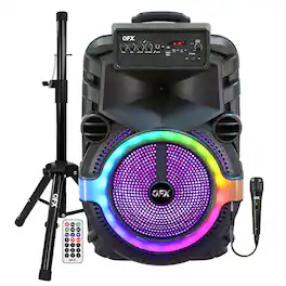 QFX - Portable Bluetooth True Wireless Speaker PBX-158SM, LEDs, Wired Microphone, Stand, Remote - Black