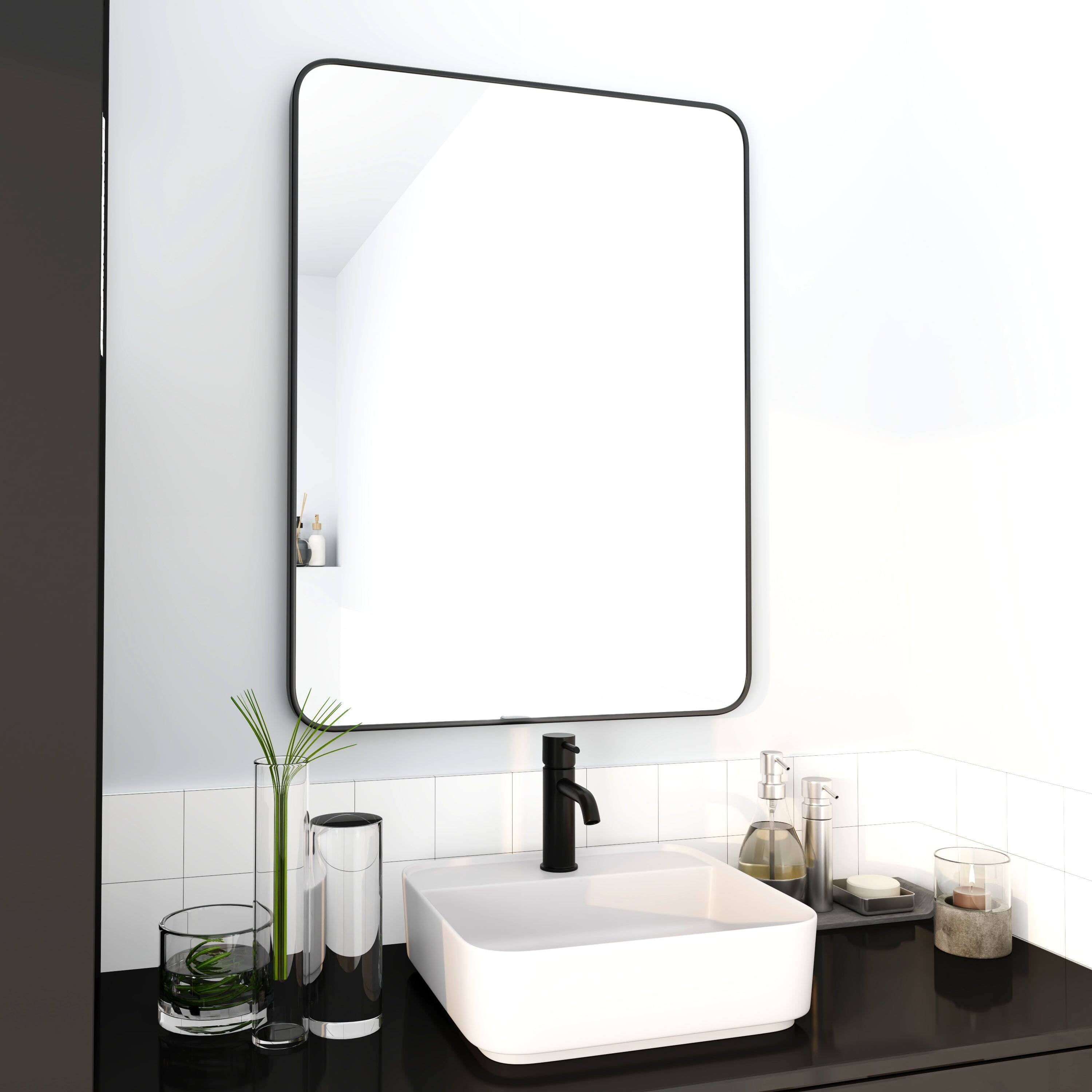 Angle. BreeBe - 24 x 32 Inch Bathroom Mirror Black Aluminum Frame - Black.