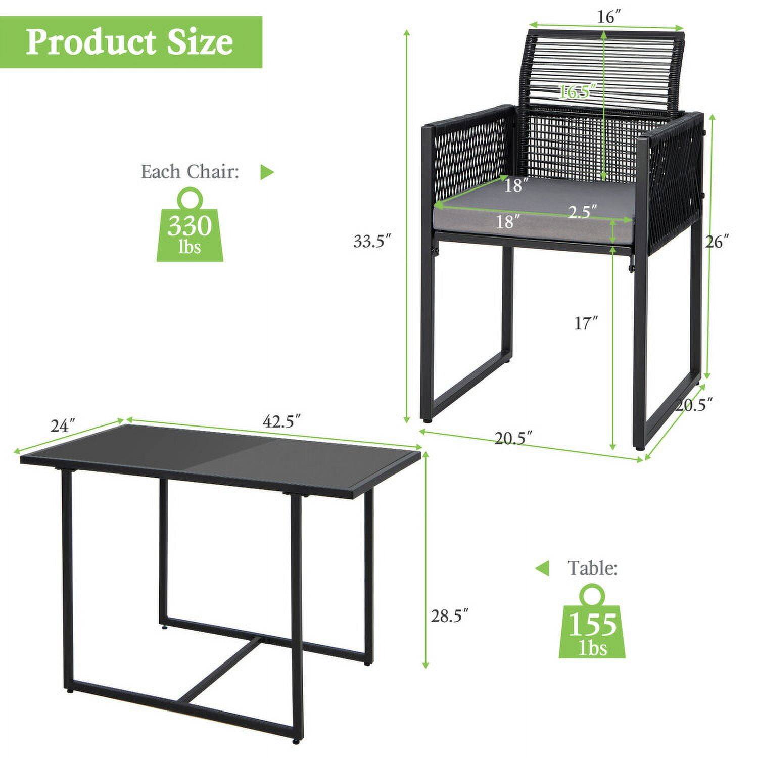 Product Size

Each Chair:
- Weight: 330 lbs
- Height: 33.5"
- Width: 18"
- Depth: 18"
- Seat Height: 2.5"
- Armrest Height: 16"
- Armrest Width: 16.5"
- Leg Height: 17"
- Leg Width: 20.5"
- Leg Depth: 20.5"

Table:
- Weight: 155 lbs
- Length: 42.5"
- Width: 28.5"
- Height: 24"