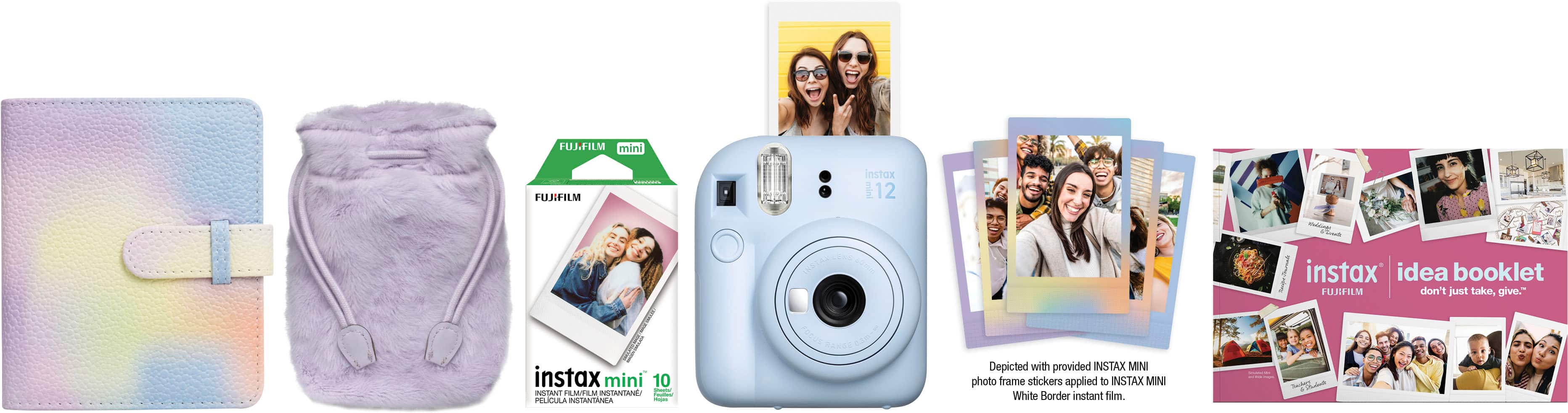 The image features a variety of Fujifilm products, including a Fujifilm Instax Mini 12, a Fujifilm Instax Mini 10, and a Fujifilm Instax Mini 9. There are also several Instax Mini photo frame stickers displayed in the image. The products are arranged in a row, showcasing the different options available for instant photography.