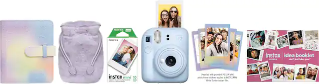 The image features a variety of Fujifilm products, including a Fujifilm Instax Mini 12, a Fujifilm Instax Mini 10, and a Fujifilm Instax Mini 9. There are also several Instax Mini photo frame stickers displayed in the image. The products are arranged in a row, showcasing the different options available for instant photography.