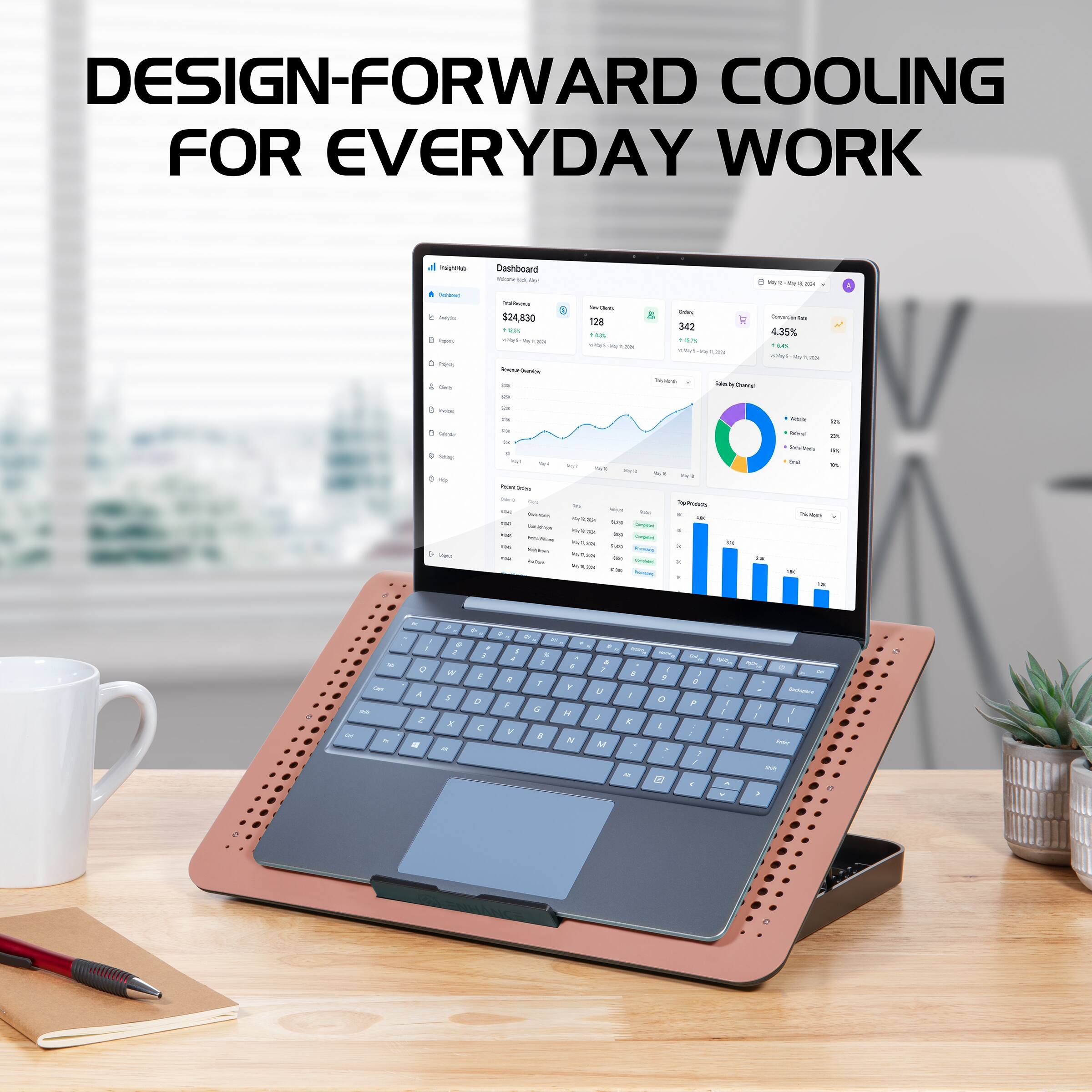 DESIGN-FORWARD COOLING FOR EVERYDAY WORK

Dashboard
Total Revenue: $24,830
+ 6.2%

Revenue Overview
$24,830
100%

Sales Channel
Retail: 50%
Online: 25%
Wholesale: 25%

Top Products
Product A: $10,000
Product B: $5,000
Product C: $3,000

Recent Orders
Order 1: $1,570
Order 2: $1,200
Order 3: $1,000

Sales Overview
$24,830
100%

Sales by Channel
Retail: 50%
Online: 25%
Wholesale: 25%

Sales by Product
Product A: 50%
Product B: 25%
Product C: 25%

Sales by Month
May 2023: $10,000
April 2023: $8,000
March 2023: $6,000

Sales by Day
May 1