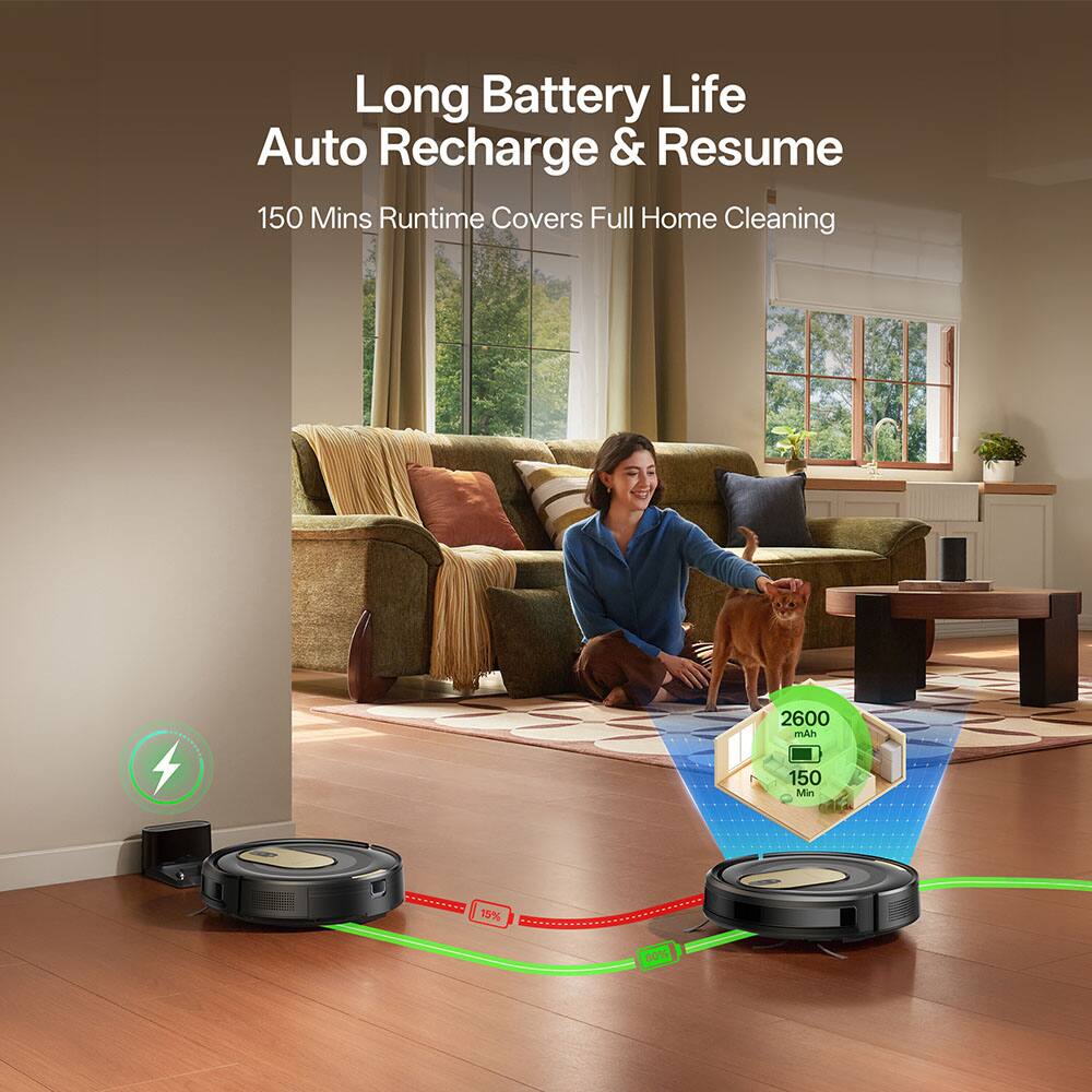 Long Battery Life Auto Recharge & Resume  
150 Mins Runtime Covers Full Home Cleaning  
2600 mAh  
150 Min