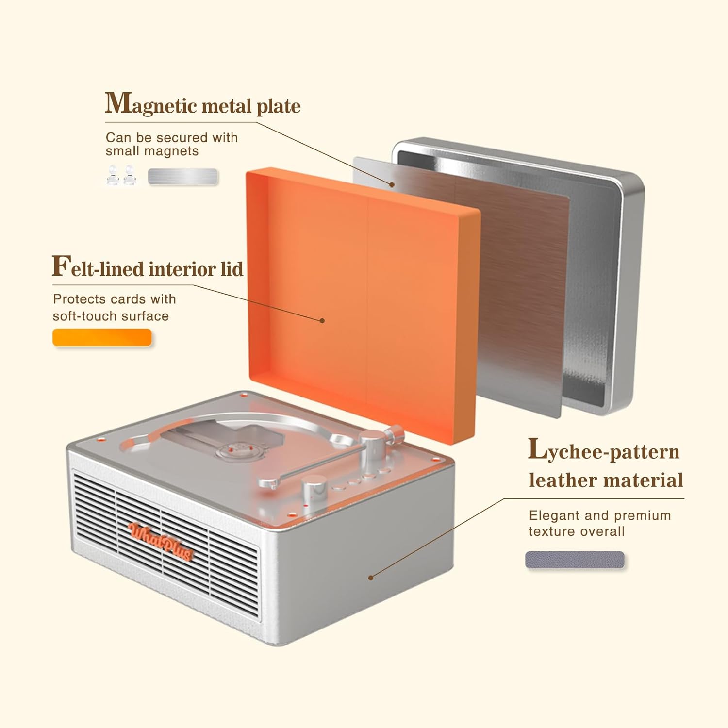 Magnetic metal plate  
Can be secured with small magnets  

Felt-lined interior lid  
Protects cards with soft-touch surface  

Lychee-pattern leather material  
Elegant and premium texture overall