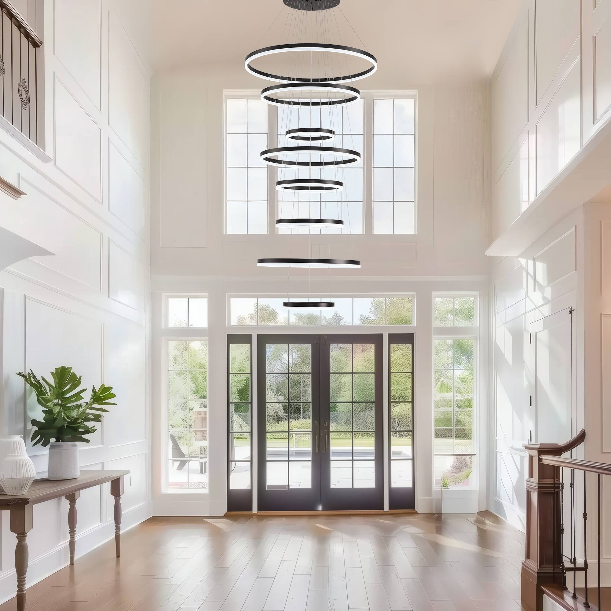Alt View 2. RYHNUYNE - Modern 8-Ring LED Chandelier for High Ceilings Large Dimmable Pendant Light with Remote Control for Foyer Entryway.