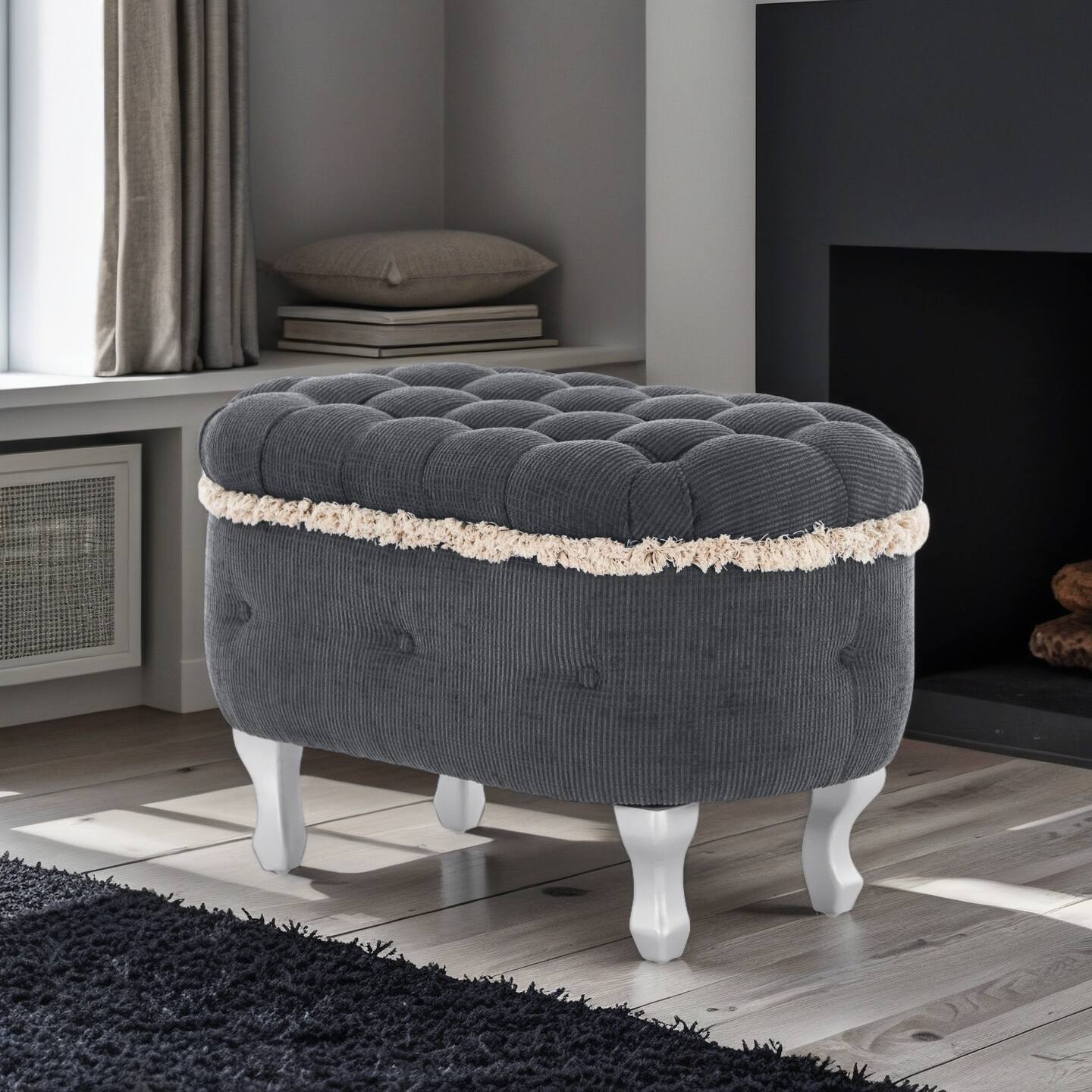 Angle. Whisen - 29.5" Button-Tufted Fabric Storage Ottoman End of Bed Window Bench for Bedroom - Gray.