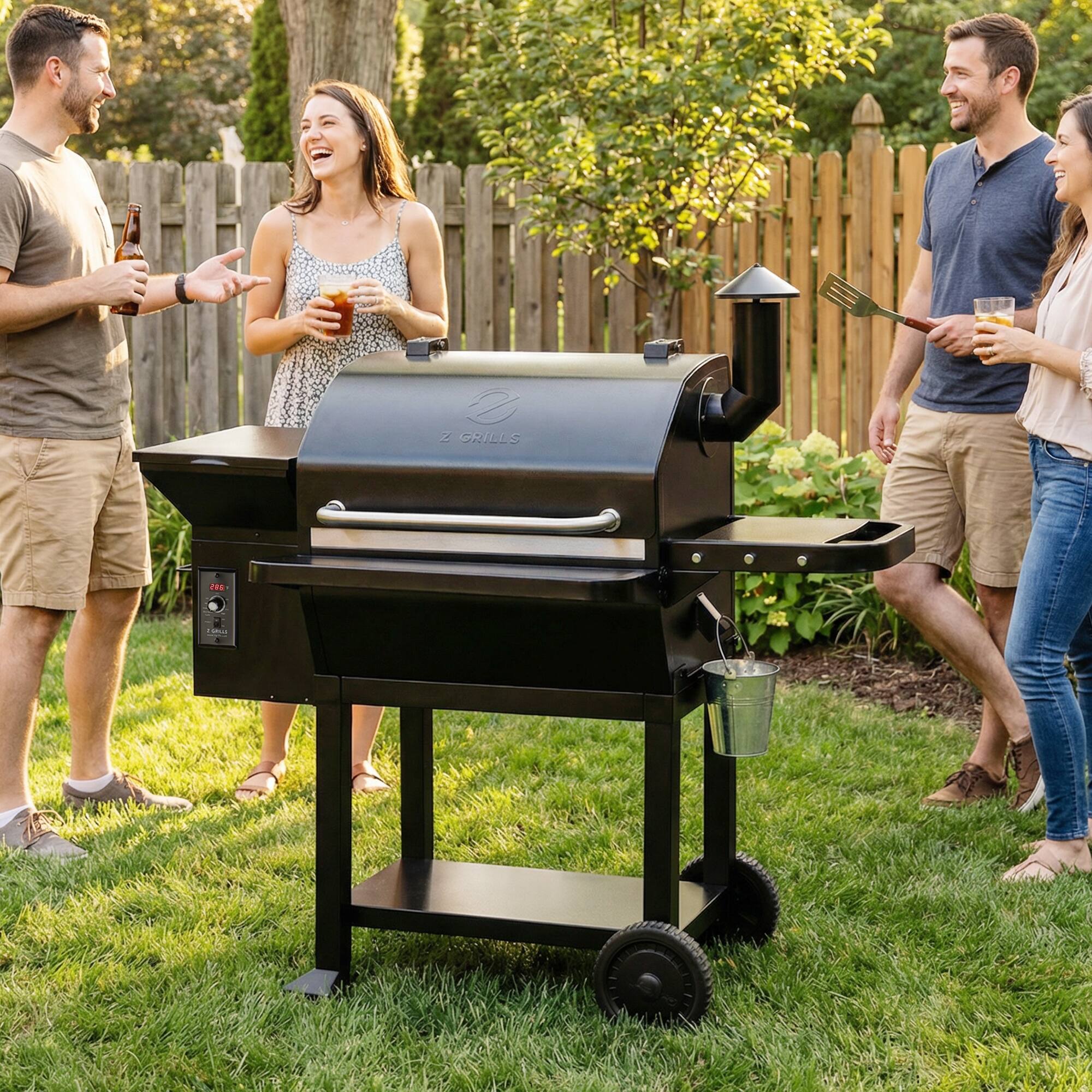 Angle. Z GRILLS - Powerhouse 1056 sq. in. Pellet Grill and Smoker with Foldable Front Shelf and Rain Cover - Black.