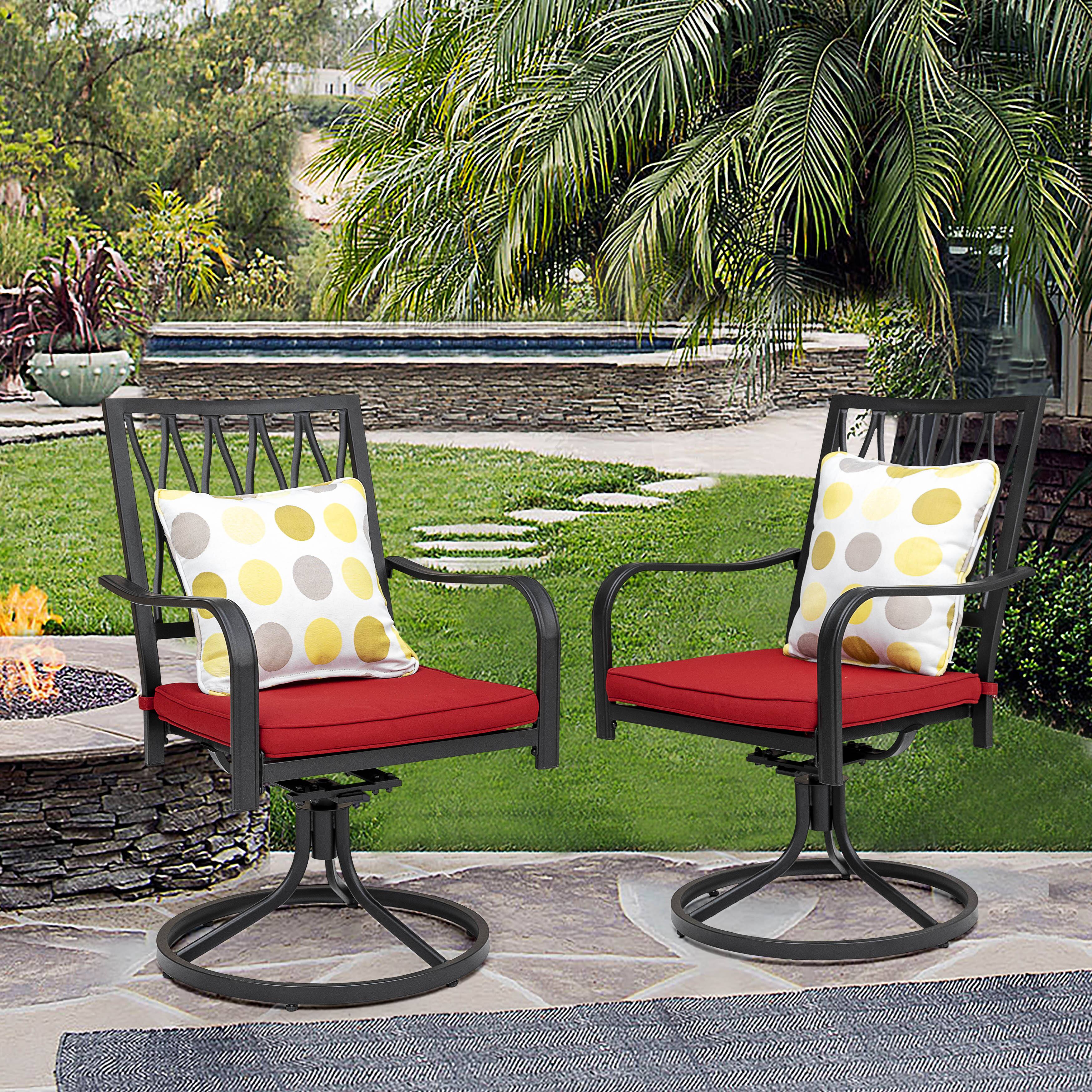 Front. Nuu Garden - 2-Piece Metal Swivel Patio Chair Set with Removable Red Olefin Cushions - Black and Red.