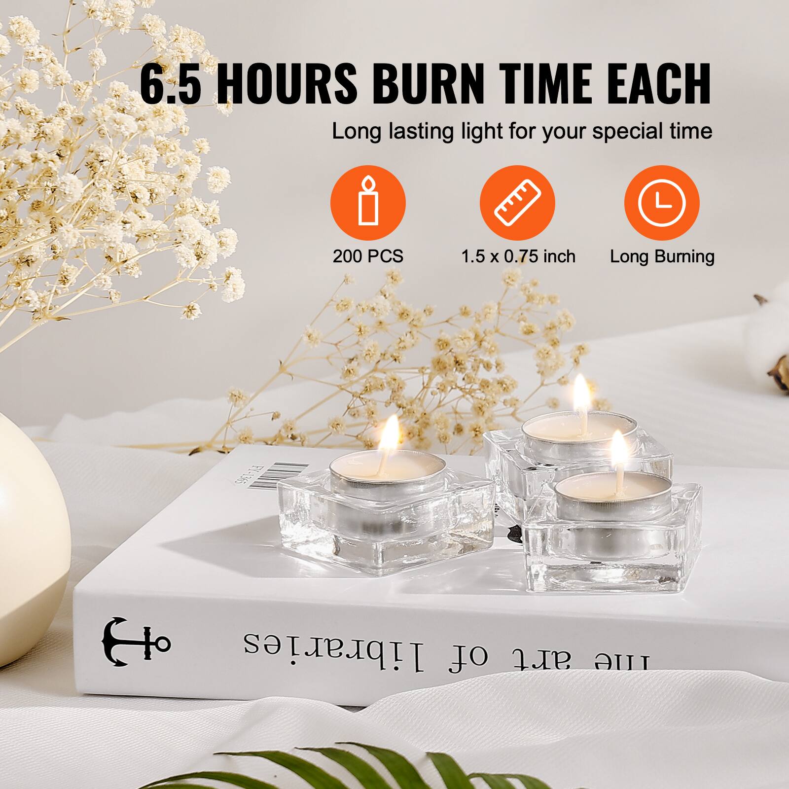 6.5 HOURS BURN TIME EACH  
Long lasting light for your special time  

200 PCS  
1.5 x 0.75 inch  
Long Burning  

I love to read  
[illegible text]