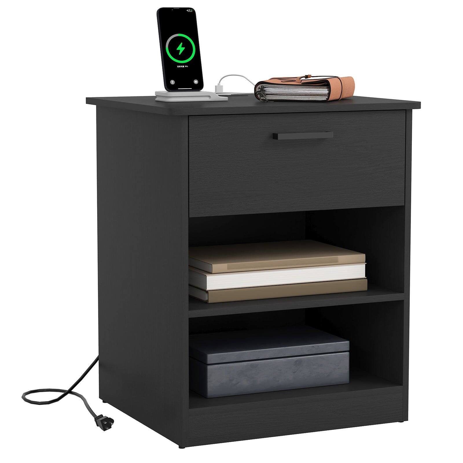 Back. Kadyn - Kadyn Wood Nightstand With Charging Station, Bedside Table With Wood Drawers And Open Shelf, Bedroom, Black - Black.