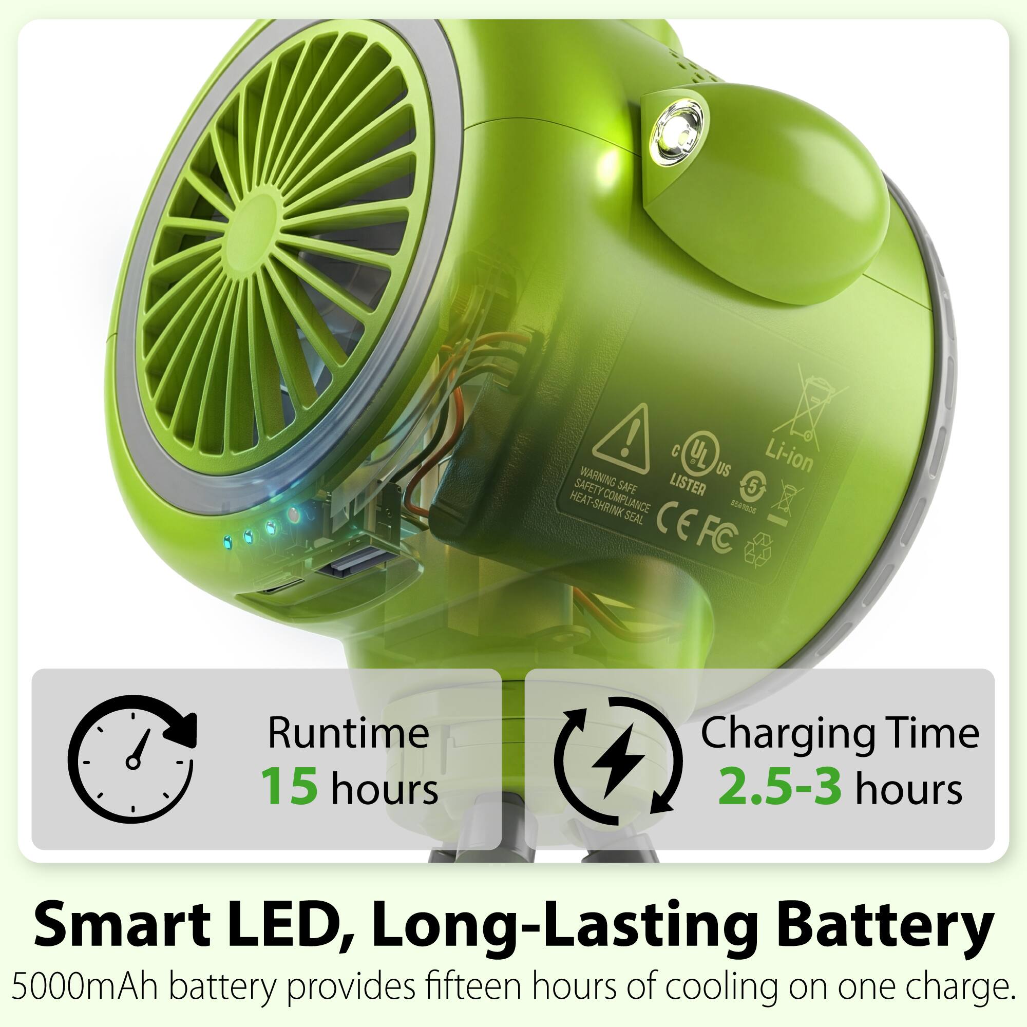 Li-ion WARNING US HEAT SAFETY SAFE LISTER 5 SHRINK COMPLIANCE DETO SEAL CE

Runtime 15 hours
Charging Time 2.5-3 hours

Smart LED, Long-Lasting Battery
5000mAh battery provides fifteen hours of cooling on one charge.