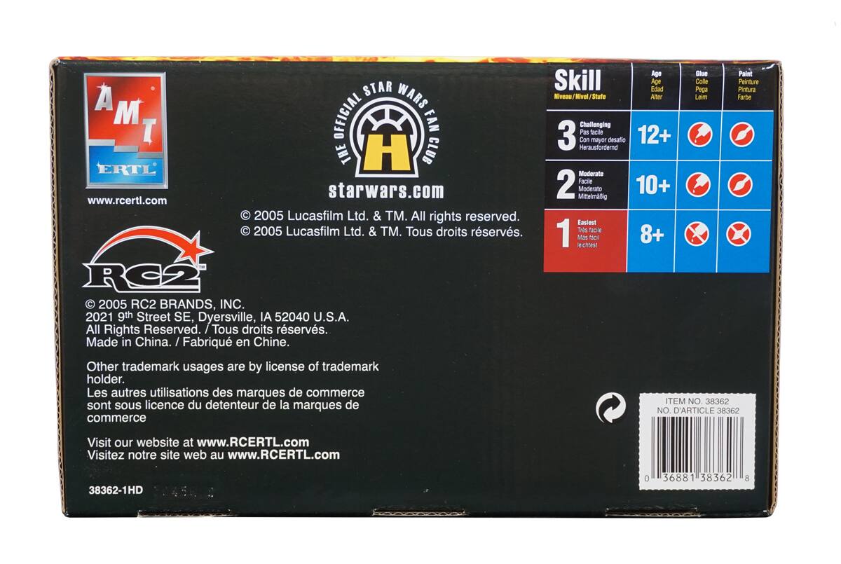 **Front Side:**

- **Top Left:**
  - AMT
  - ERTL
  - www.rcertl.com

- **Center:**
  - The Official Star Wars Fan Club
  - starwars.com
  - © 2005 Lucasfilm Ltd. & TM. All rights reserved.
  - © 2005 Lucasfilm Ltd. & TM. Tous droits réservés.

- **Bottom Left:**
  - RC2
  - © 2005 RC2 BRANDS, INC.
  - 2021 9th Street SE, Dyersville, IA 52040 U.S.A.
  - All Rights Reserved. / Tous droits réservés.
  - Made in China. / Fabriqué en Chine.
  - Other trademark usages are by license of trademark holder. / Les autres utilisations des marques de commerce sont sous licence du détenteur de la marque de commerce.
  - Visit our website at www.RCERTL.com / Visitez notre site web au www.RCERTL.com

- **Bottom Center:**
  - 38362-1HD

- **Bottom Right: