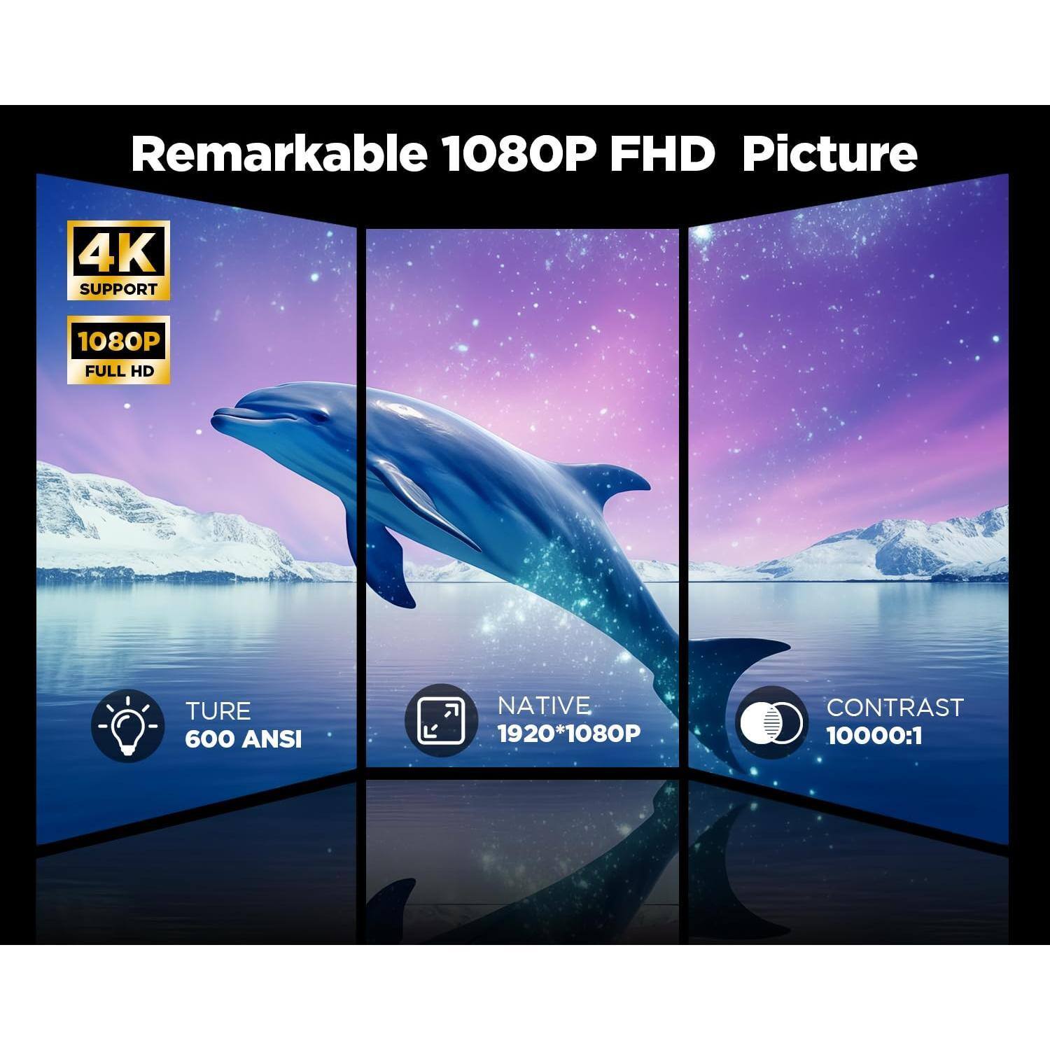 Remarkable 1080P FHD Picture

- 4K SUPPORT
- 1080P FULL HD
- TURE 600 ANSI
- NATIVE 1920*1080P
- CONTRAST 10000:1