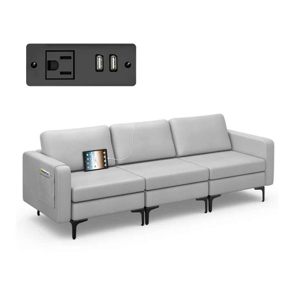 Left. Kadyn - Convertible Leather Sofa Couch with Magazine Pockets 3-Seat with 2 USB Port-Light Gray, Sectional Sofa - Gray.