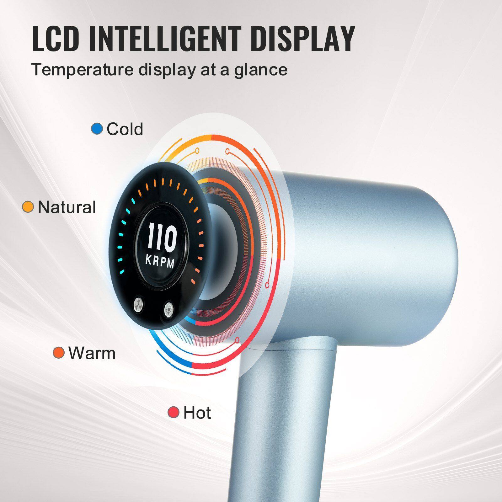 LCD INTELLIGENT DISPLAY  
Temperature display at a glance  

- Cold  
- Natural  
- Warm  
- Hot  

110 KRPM