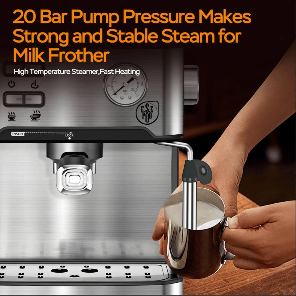 20 Bar Pump Pressure Makes Strong and Stable Steam for Milk Frother  
High Temperature Steamer, Fast Heating  
20 1 3 M 160 20 ps E.S.E POD INSERT LOCK