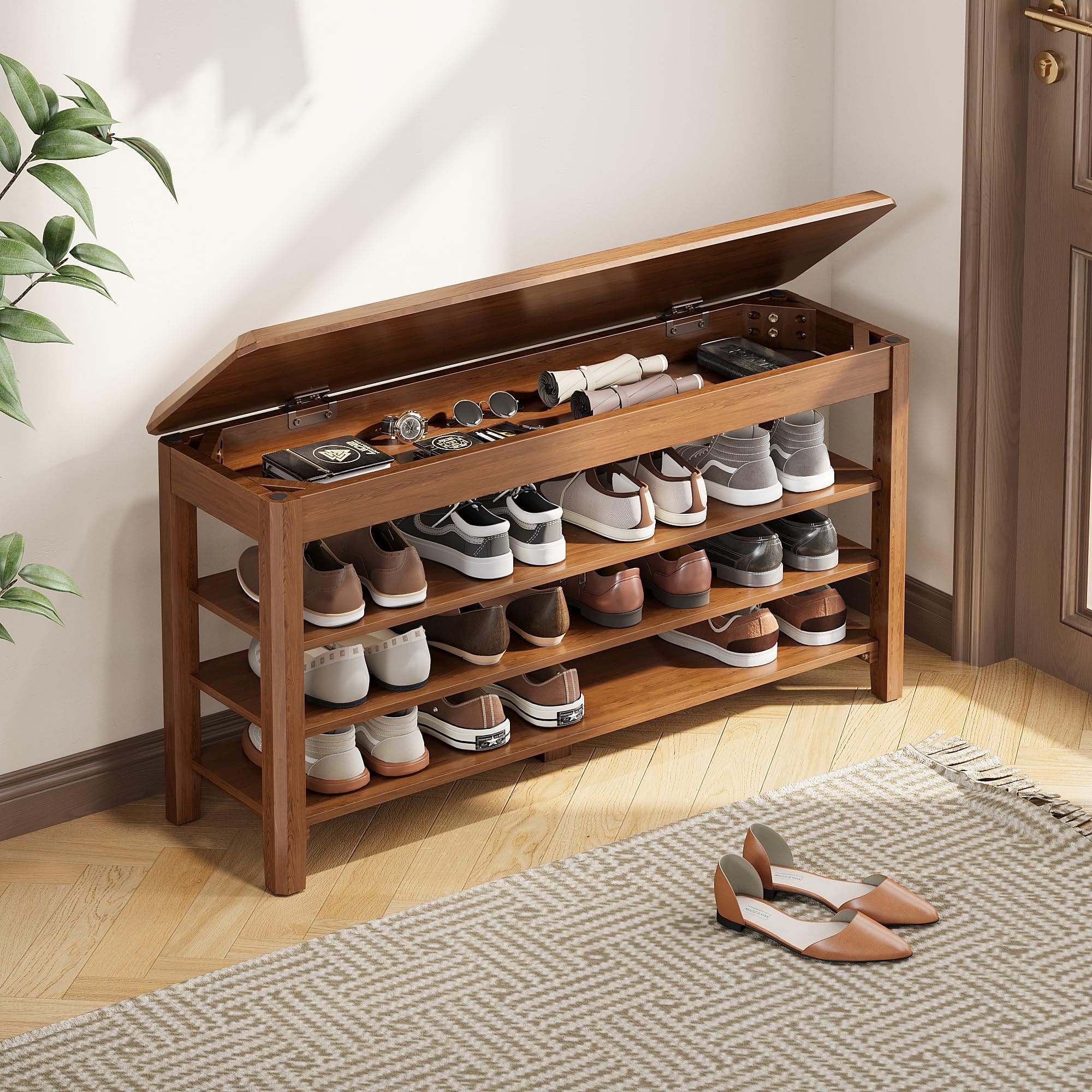 Fabibe - Modern Wood Bench Natural Shoe Rack Seat Rubberwood 3-Tier Wooden Storage 550lbs - Walnut-3 Tier(wood) 39.4"W x 11.8"D x 20.5"H