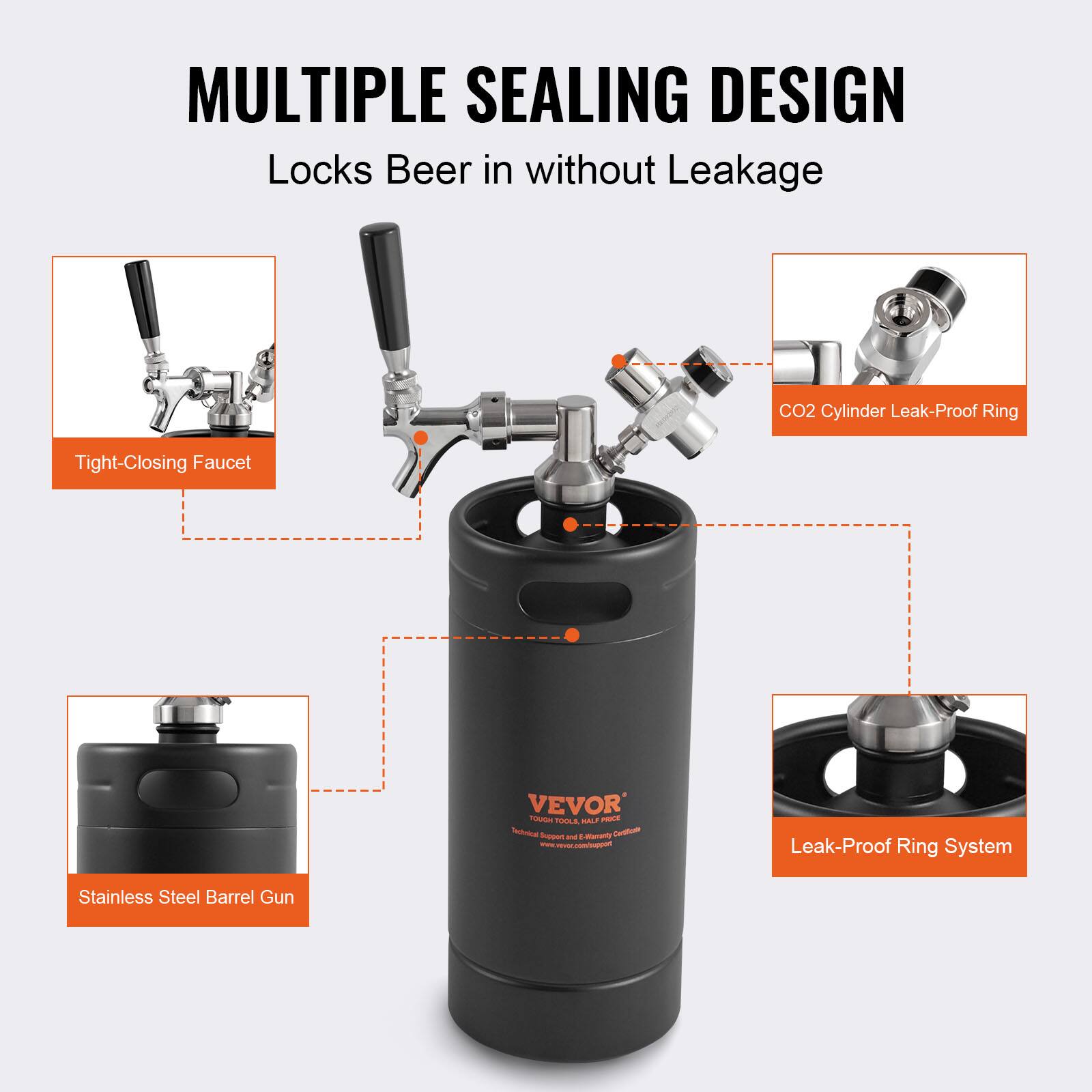 MULTIPLE SEALING DESIGN  
Locks Beer in without Leakage  

- Tight-Closing Faucet  
- CO2 Cylinder Leak-Proof Ring  
- Stainless Steel Barrel Gun  
- Leak-Proof Ring System