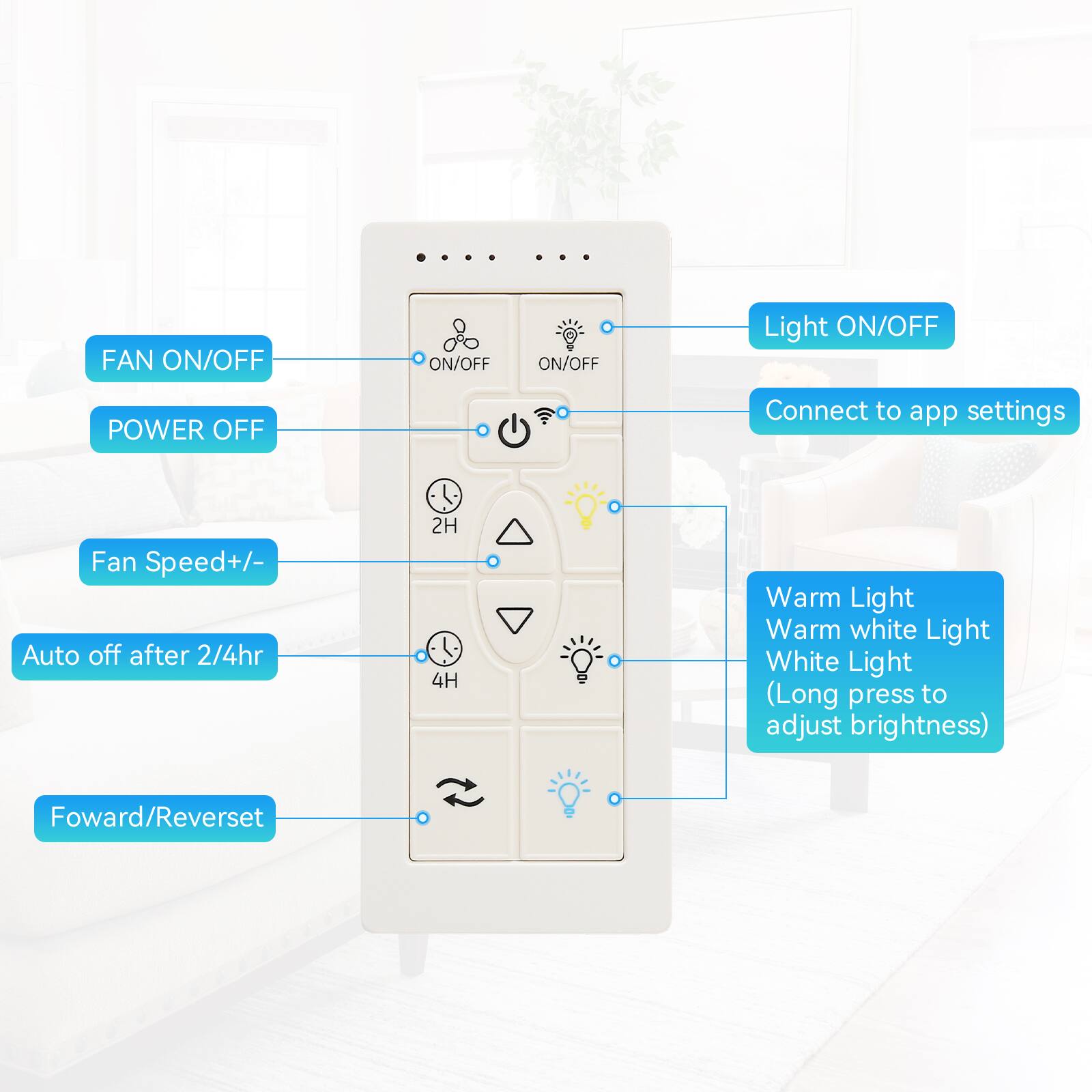 - FAN ON/OFF
- POWER OFF
- Light ON/OFF
- Connect to app settings
- Fan Speed +/- 
- Auto off after 2/4hr
- Forward/Reverse
- Warm Light
- Warm white Light
- White Light (Long press to adjust brightness)