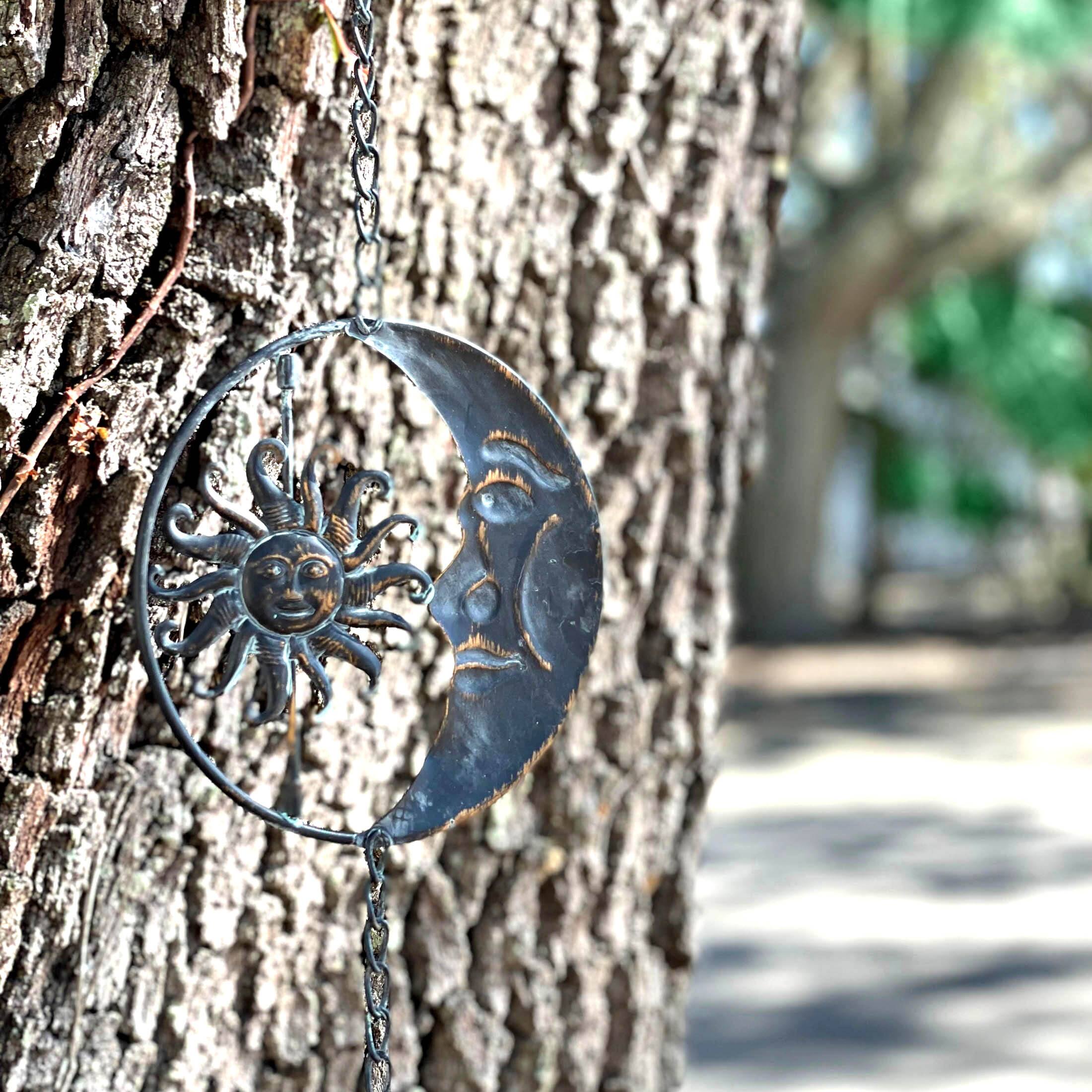 Alt View 3. Things2Die4 - 80-Inch Metal Rain Chain - 6 Celestial Crescent Moon & Suns, Verdigris Finish - Black.