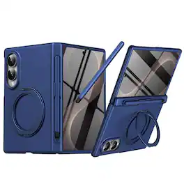 Dteck - Magnetic Ring Stand Rugged Case For Samsung Galaxy Z Fold8 Built-in Screen Protector+Hinge Cover+Stylus - Blue