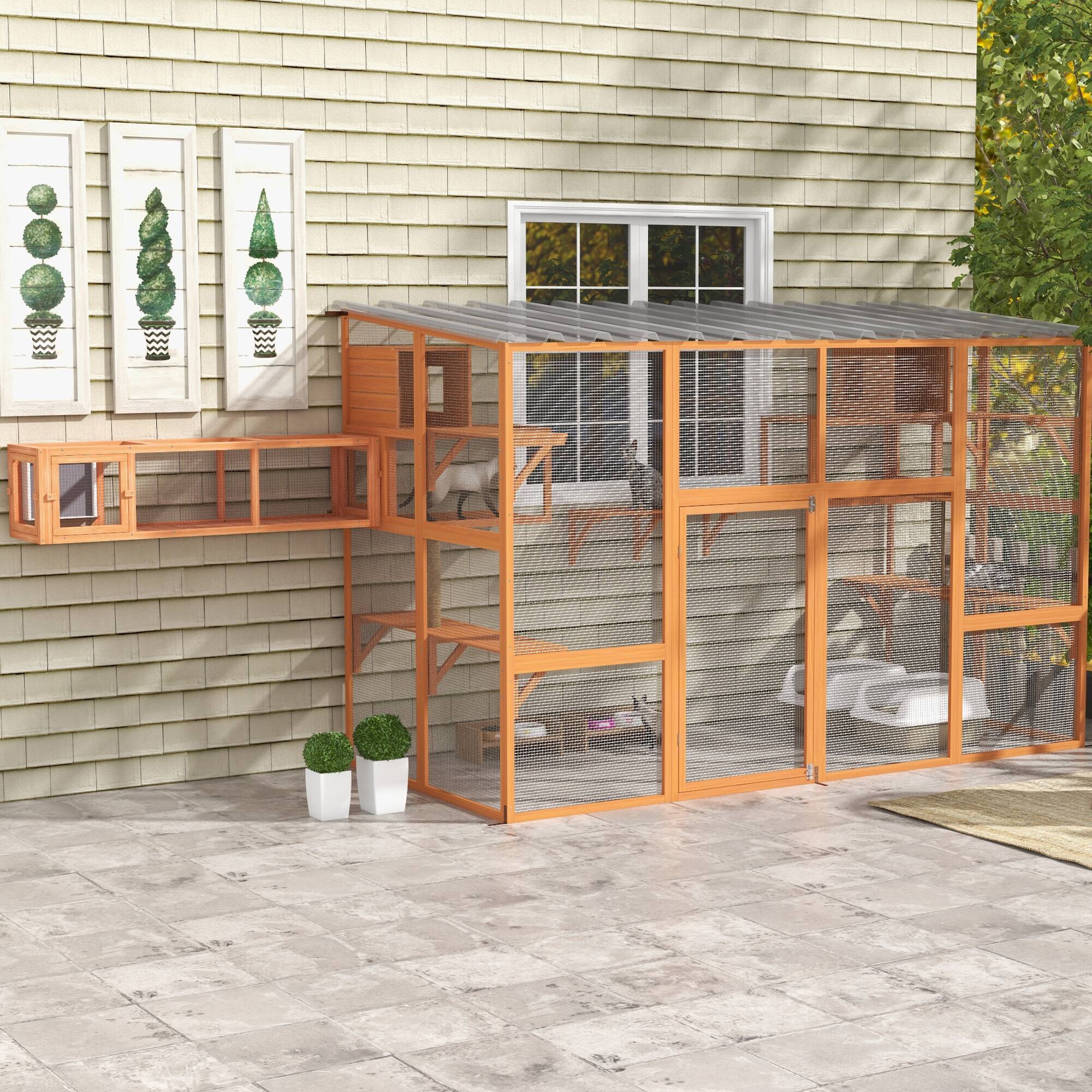 Alt View 5. Pawhut - Outdoor Catio Window Box Enclosure, Wooden Cat Playground with Scratching Posts, Weatherproof Roof, 118" x 55" x 75.5".