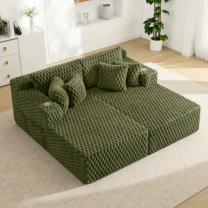 Front. KERDOM - 74'' Large Split Loveseat Chaise Lounge Couches Floor Sofa Chaise, Convertible Sleeper Sofa Bed with Pillows, Cup Holder - Green.