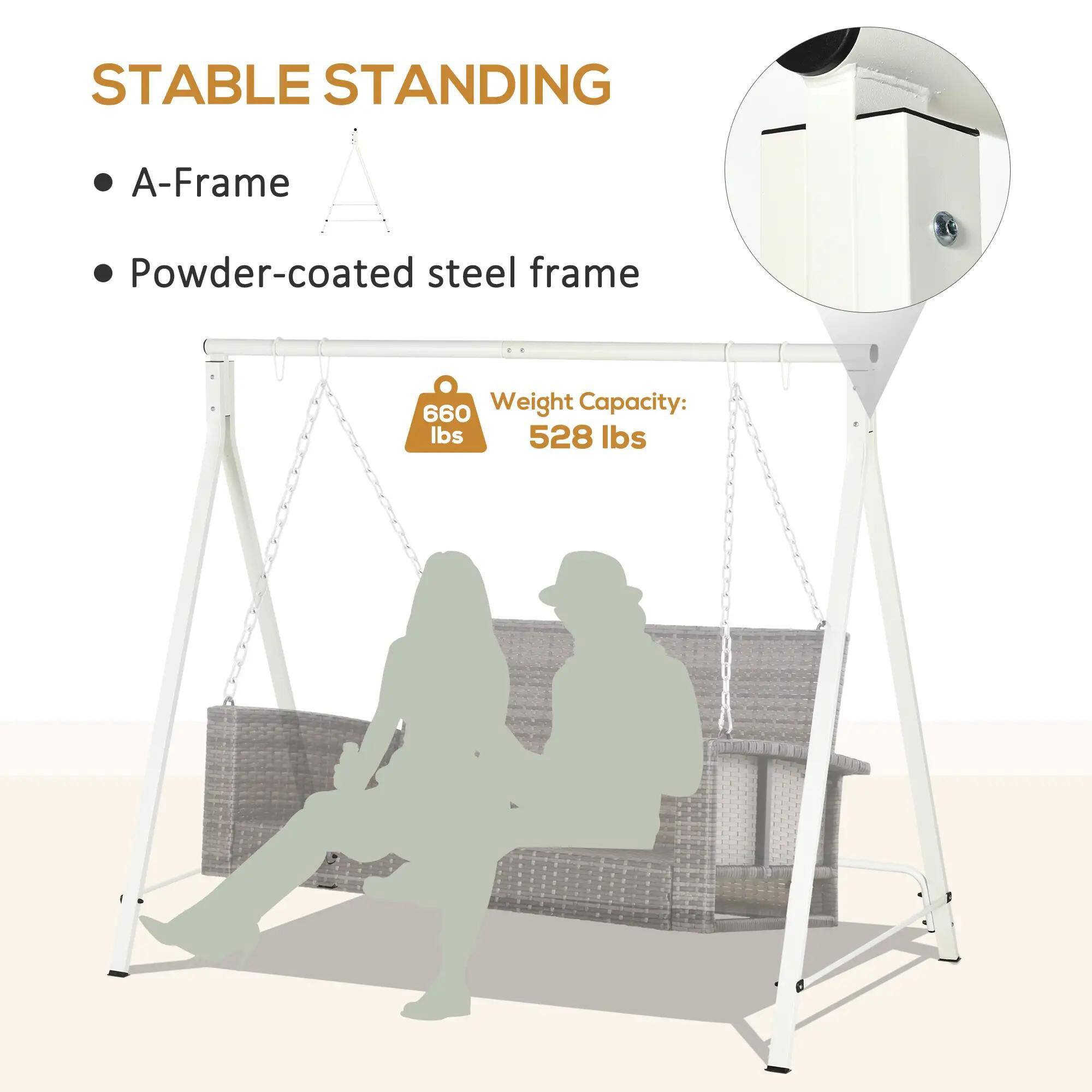 STABLE STANDING

- A-Frame
- Powder-coated steel frame

Weight Capacity: 660 lbs / 528 lbs