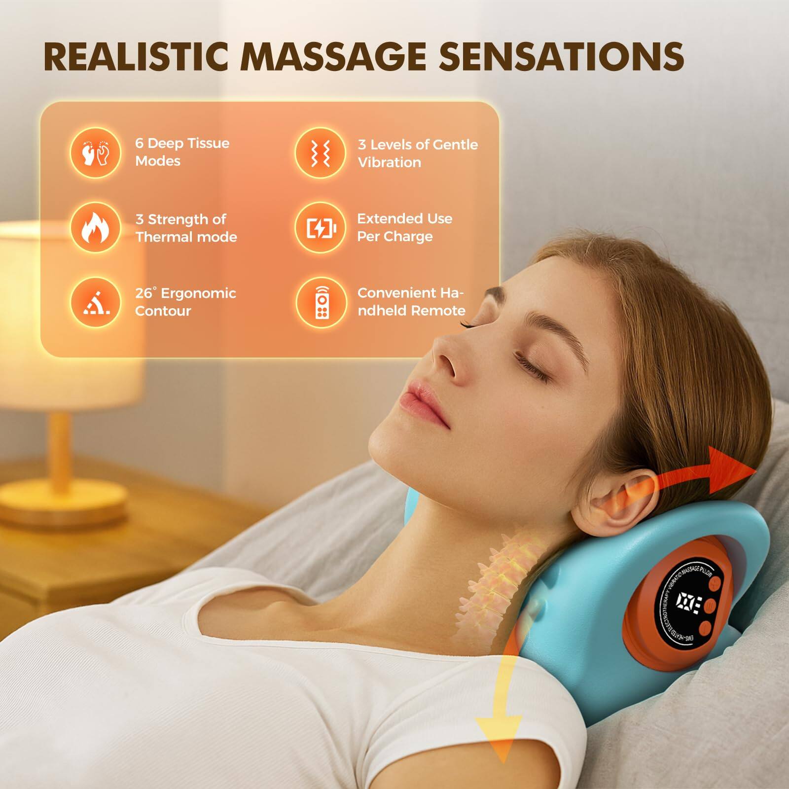 REALISTIC MASSAGE SENSATIONS

- 6 Deep Tissue Modes
- 3 Levels of Gentle Vibration
- 3 Strength of Thermal mode
- Extended Use Per Charge
- 26" Ergonomic Contour
- Convenient Handheld Remote