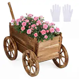 Costway - 1 PCS Rustic Wood Wagon Planter with Wheels,Handle&Drainage Hole for Patio Balcony Garden - Natural
